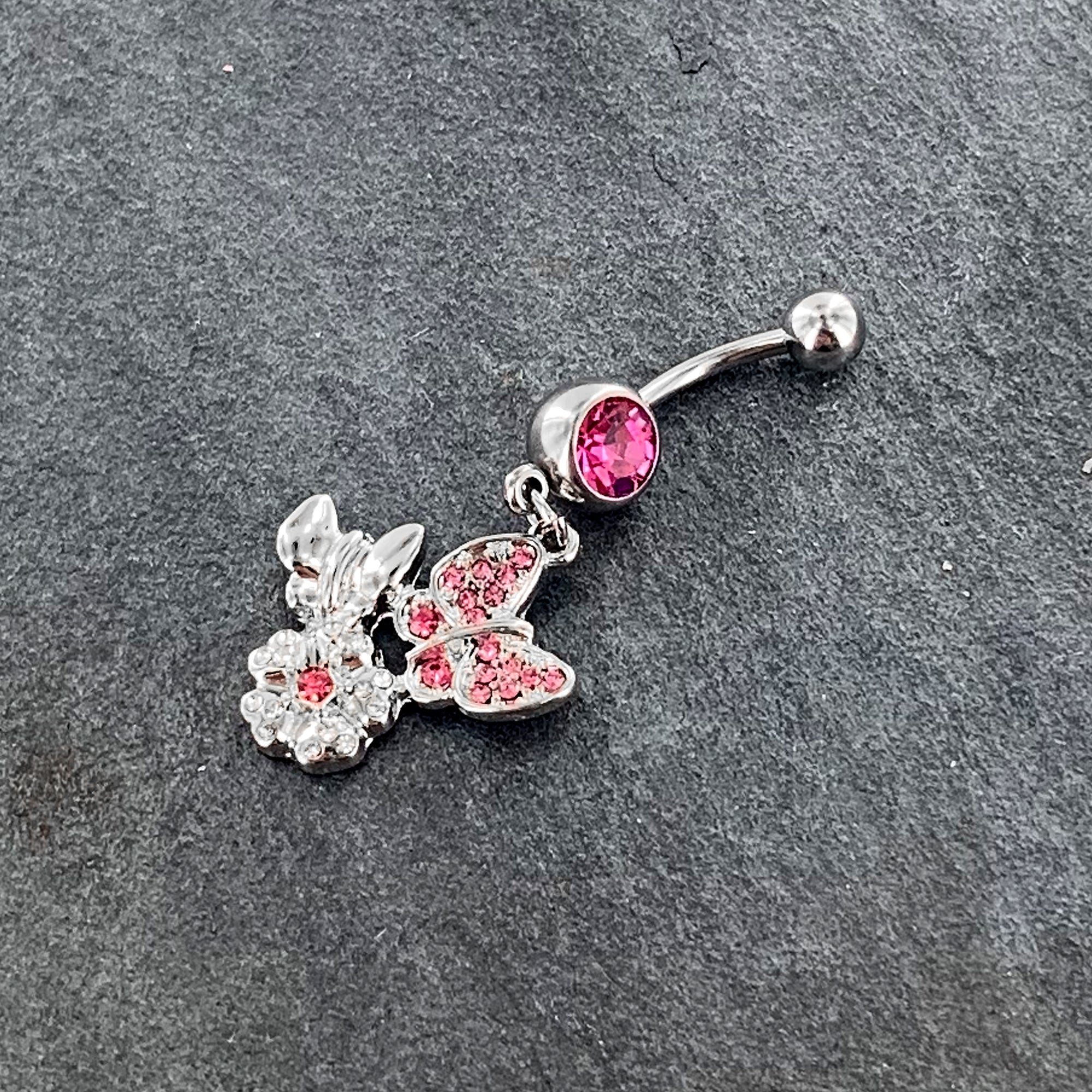 BodyCandy Pink Gem Butterflies Tiny Flower Dangle Belly Ring — detail close-up