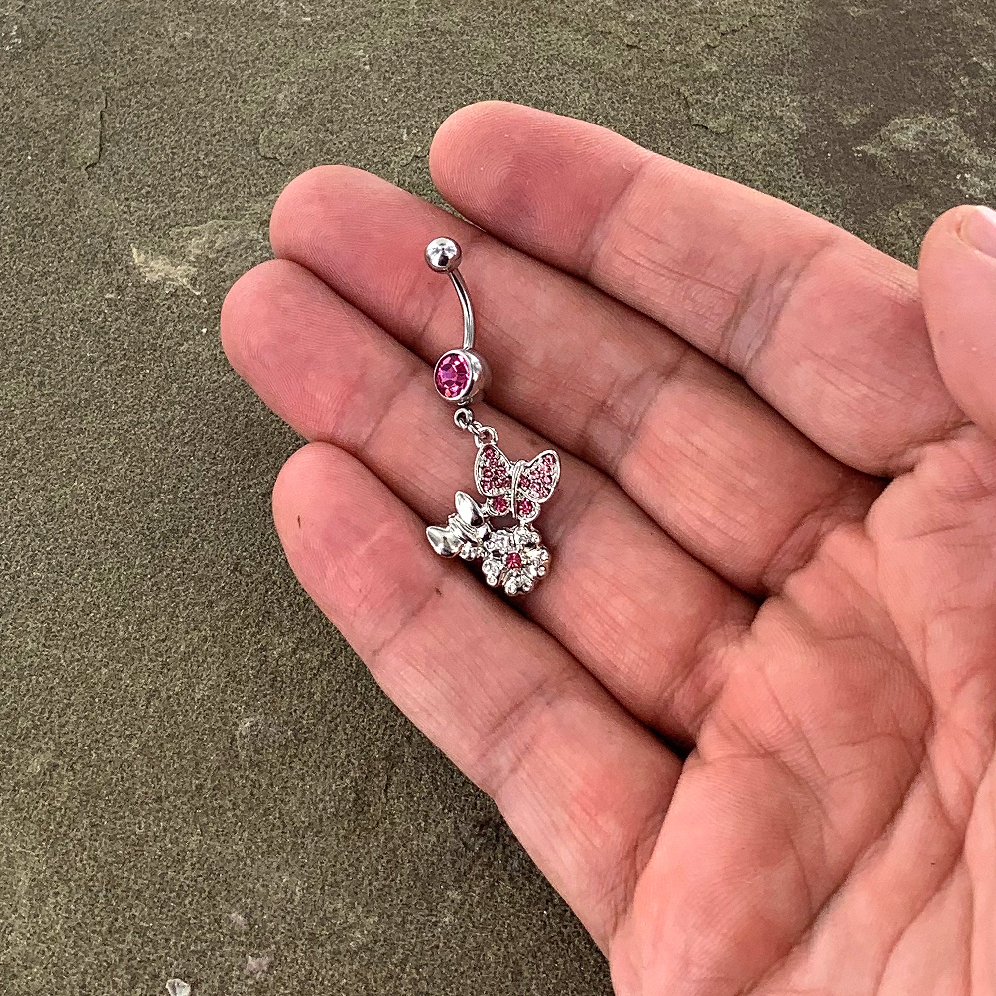 BodyCandy Pink Gem Butterflies Tiny Flower Dangle Belly Ring — back view