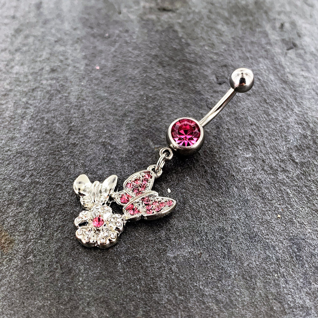 BodyCandy Pink Gem Butterflies Tiny Flower Dangle Belly Ring — alternative angle