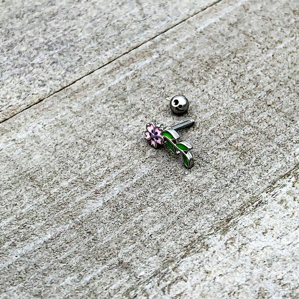 BodyCandy 16G 1/4 Pink Purple Long Flower Cartilage Tragus Earring — side view
