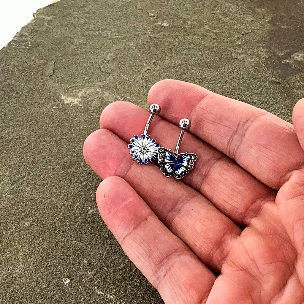 BodyCandy Clear Gem Butterfly Flower Blue White Belly Ring Set of 2 — side view