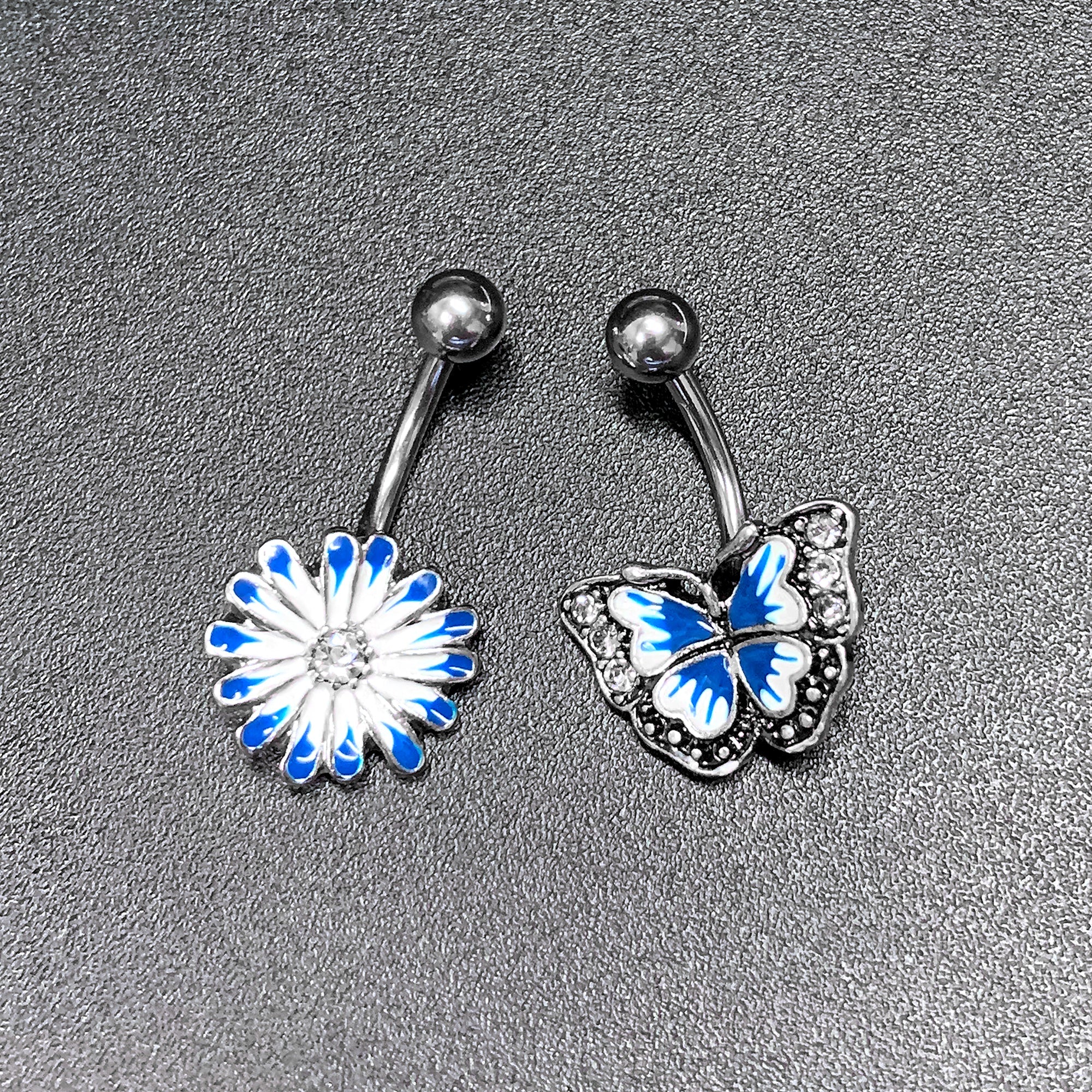 BodyCandy Clear Gem Butterfly Flower Blue White Belly Ring Set of 2 — alternative angle