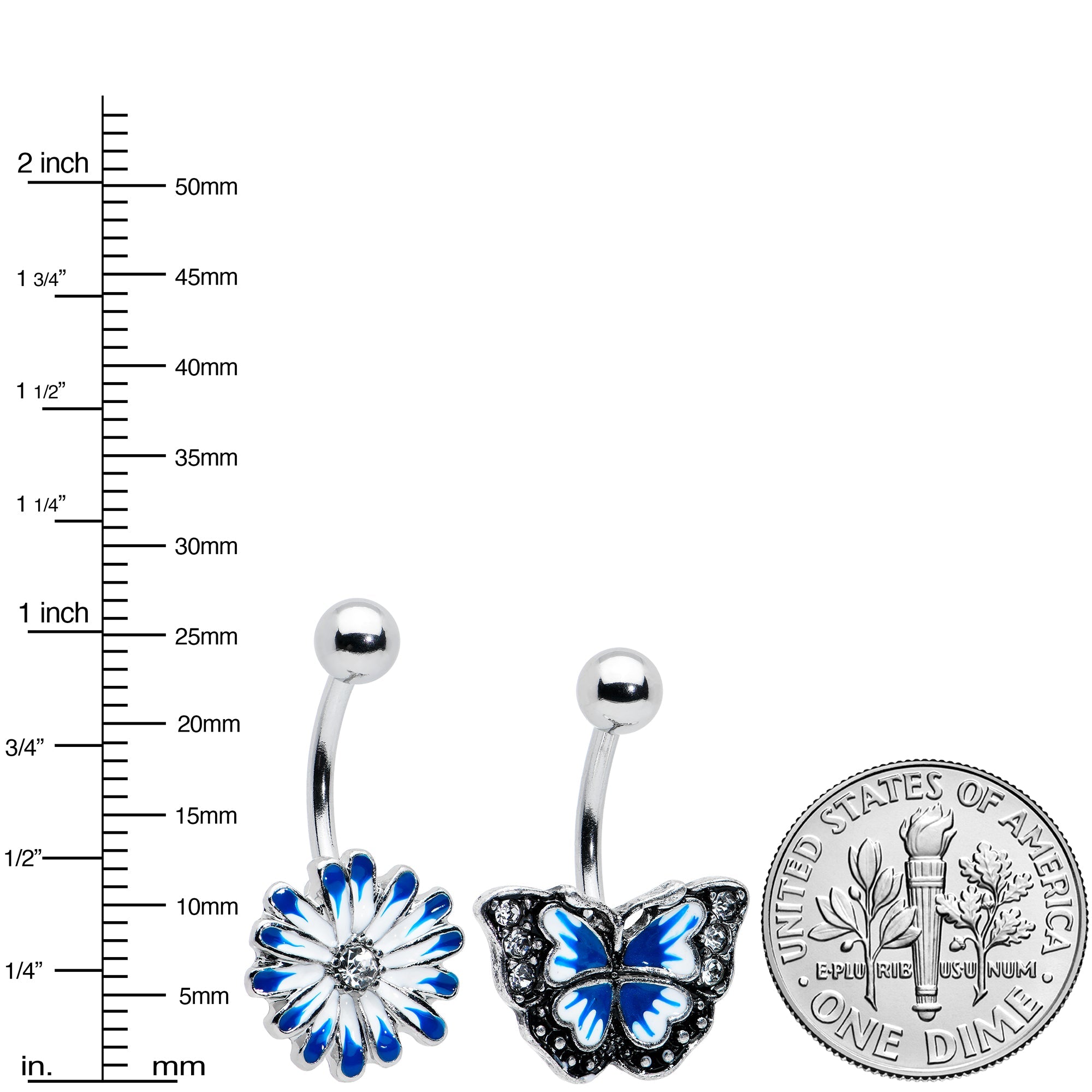 BodyCandy Clear Gem Butterfly Flower Blue White Belly Ring Set of 2 — in-use photo