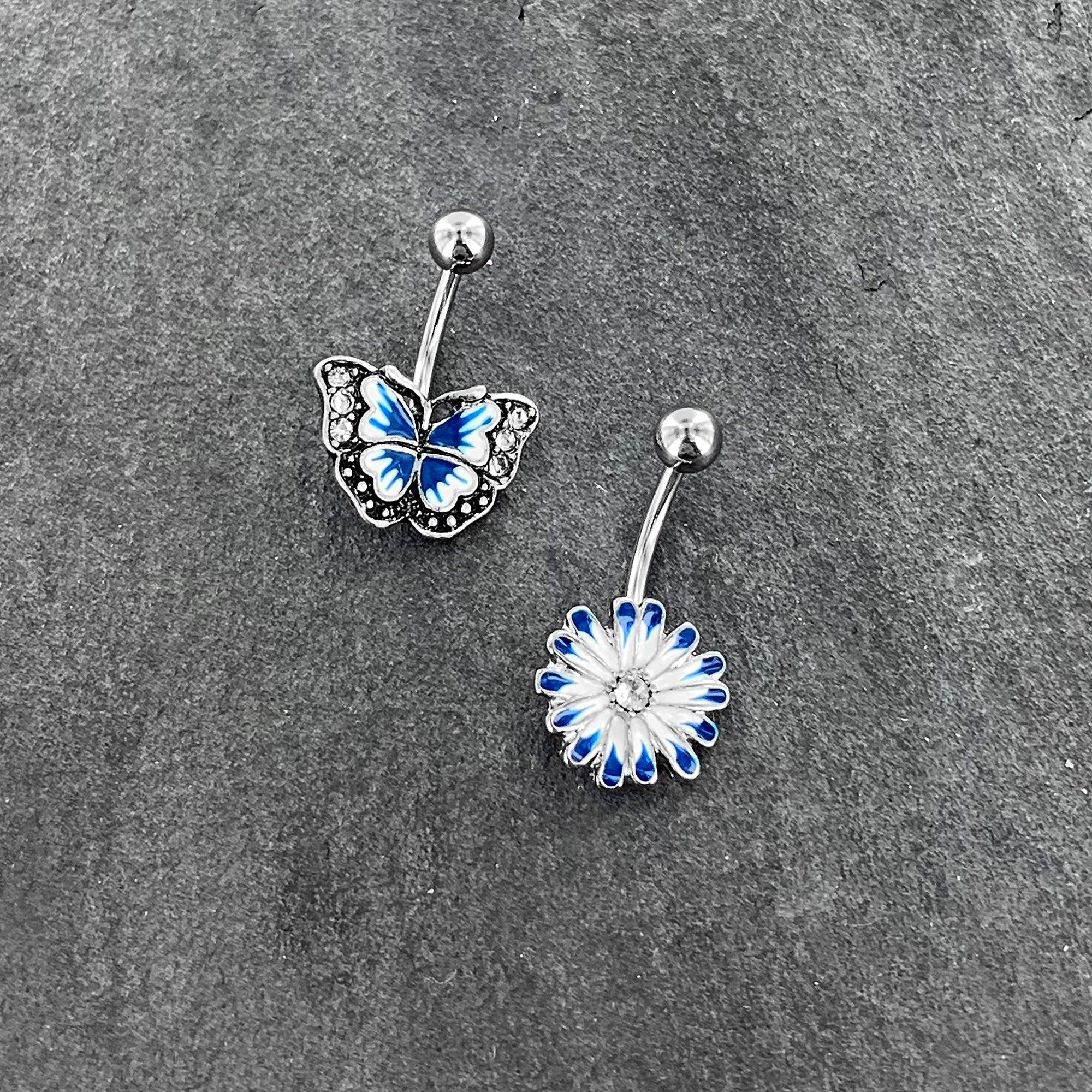 BodyCandy Clear Gem Butterfly Flower Blue White Belly Ring Set of 2 — size reference