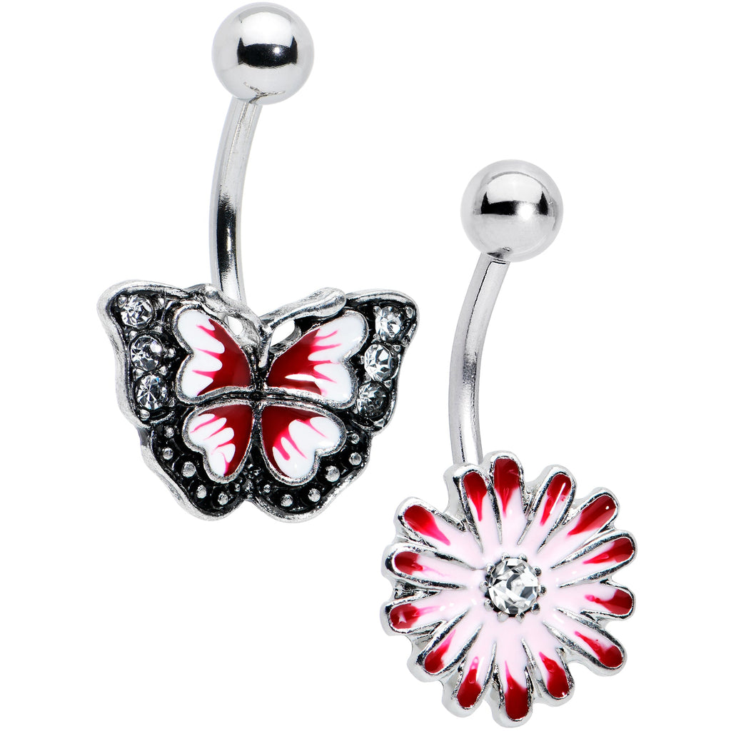 BodyCandy Clear Gem Red Light Pink Butterfly Flower Belly Ring Set of 2 — main product shot