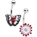 BodyCandy Clear Gem Red Light Pink Butterfly Flower Belly Ring Set of 2 — main product shot