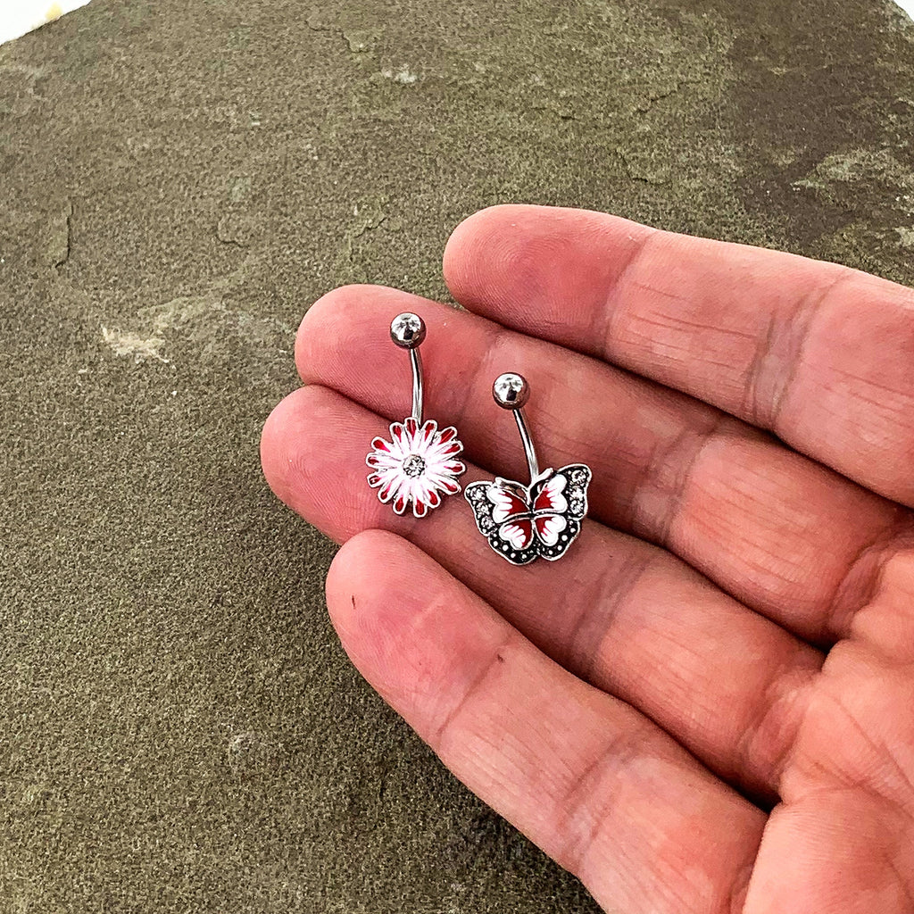 BodyCandy Clear Gem Red Light Pink Butterfly Flower Belly Ring Set of 2 — side view