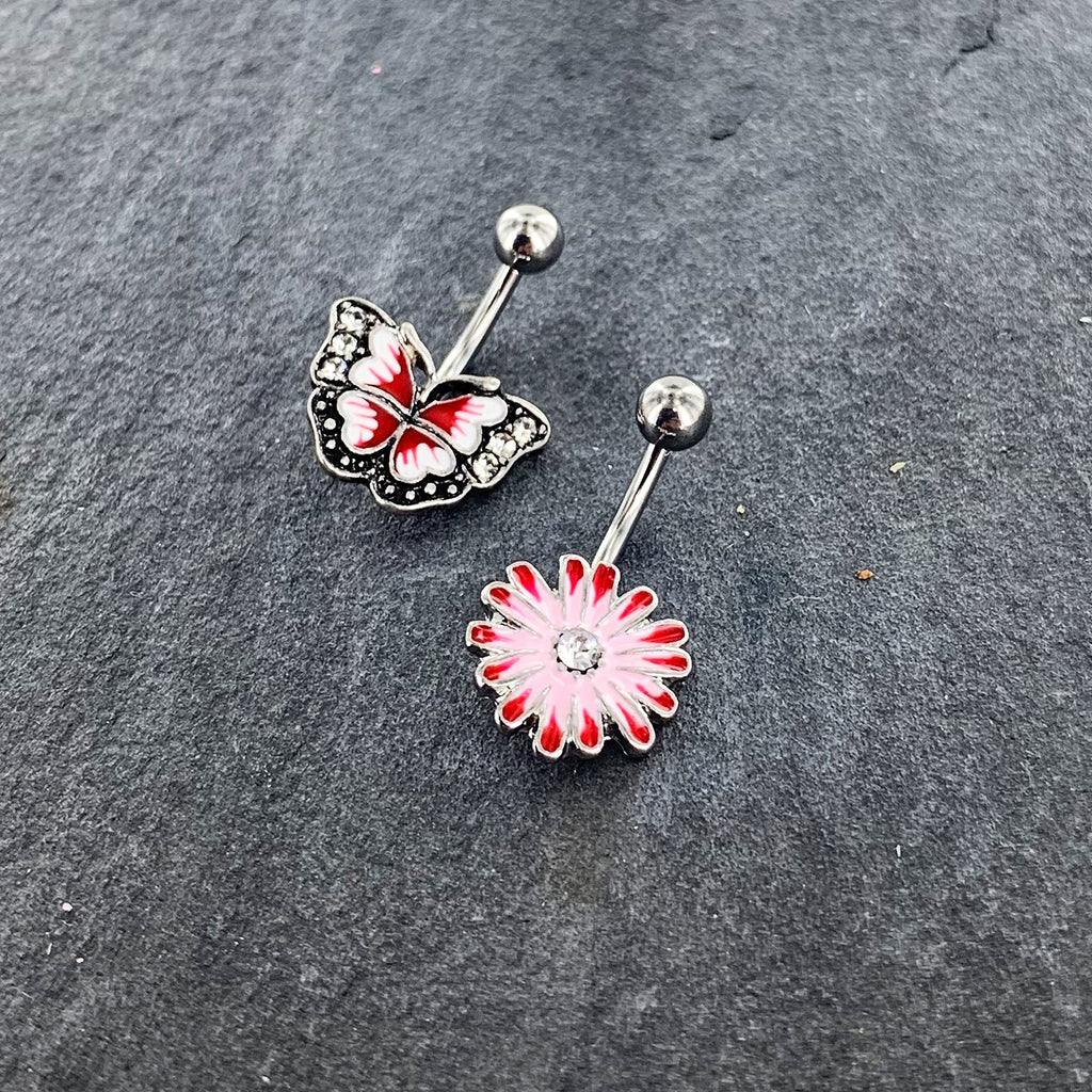 BodyCandy Clear Gem Red Light Pink Butterfly Flower Belly Ring Set of 2 — alternative angle