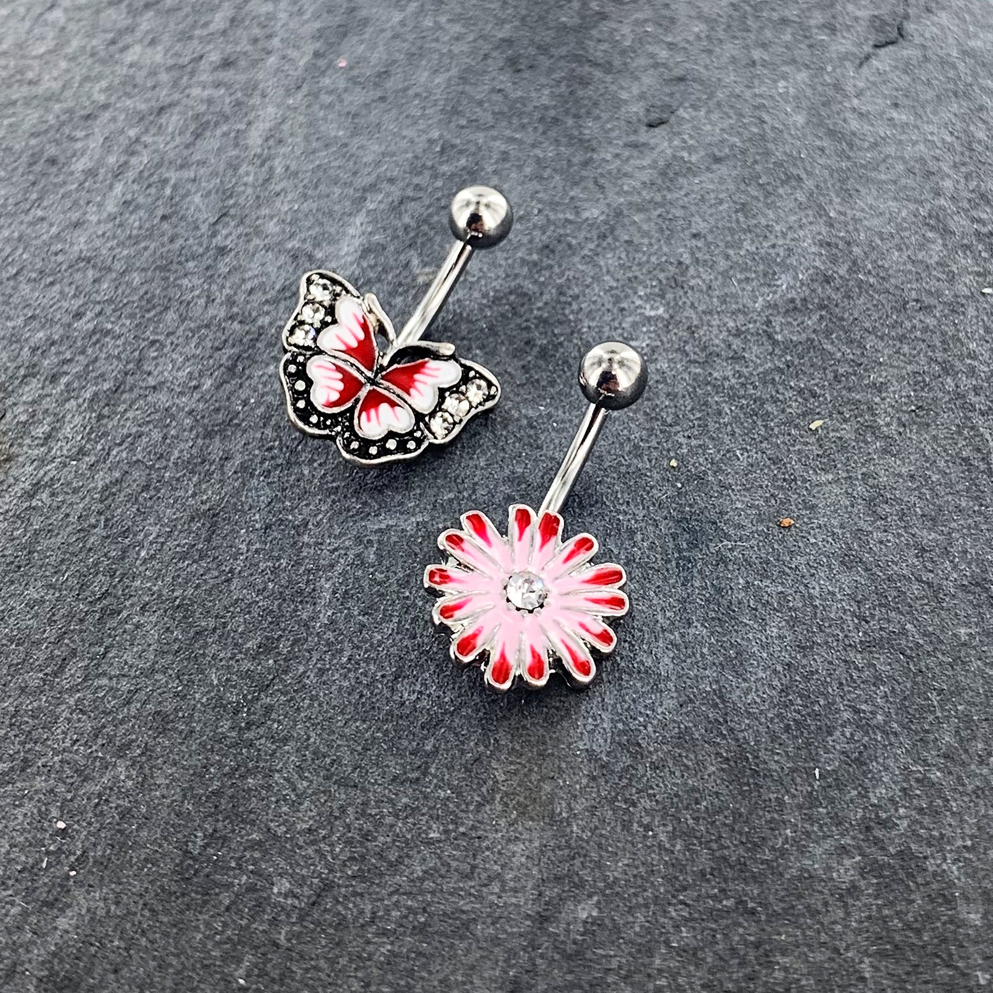 BodyCandy Clear Gem Red Light Pink Butterfly Flower Belly Ring Set of 2 — alternative angle