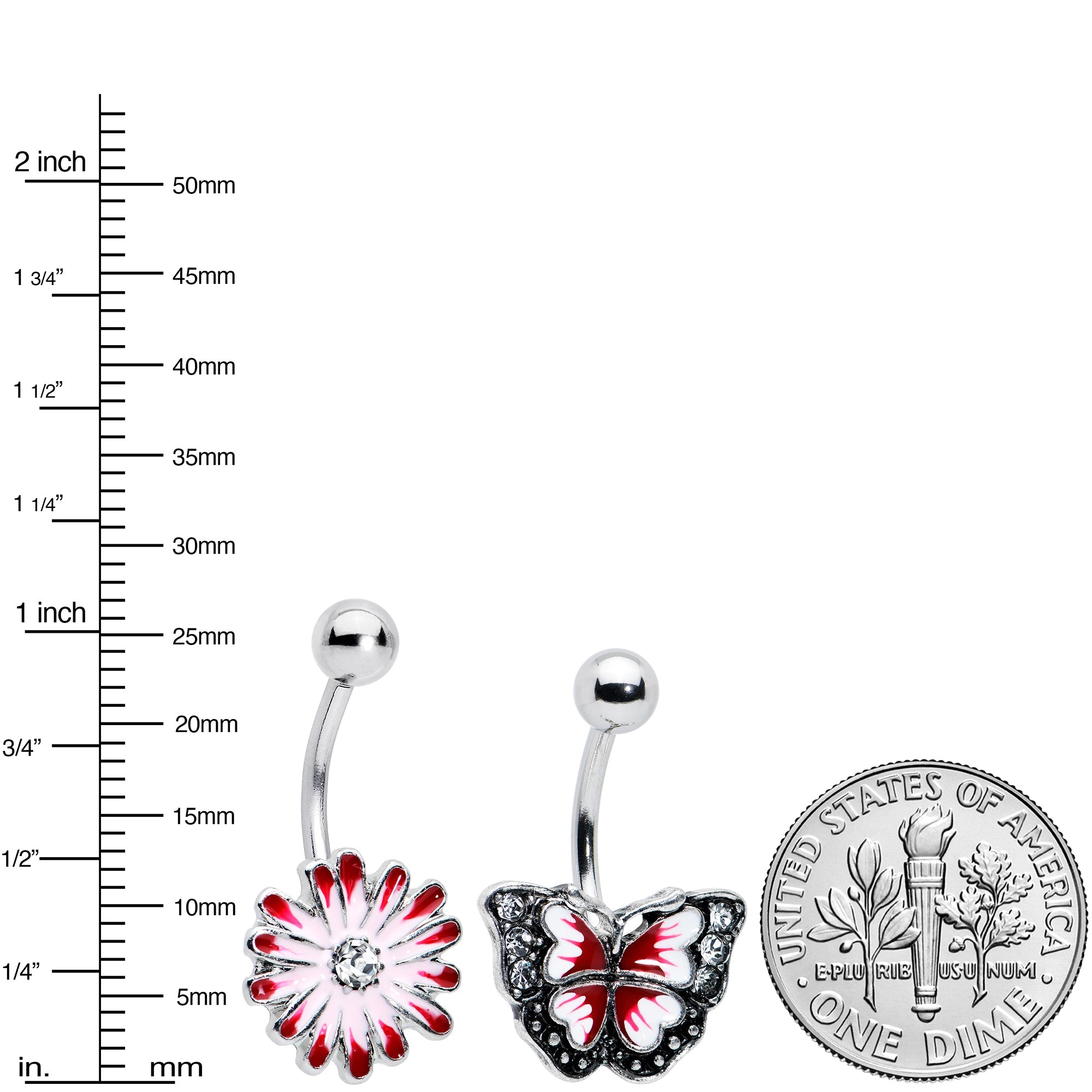 BodyCandy Clear Gem Red Light Pink Butterfly Flower Belly Ring Set of 2 — in-use photo