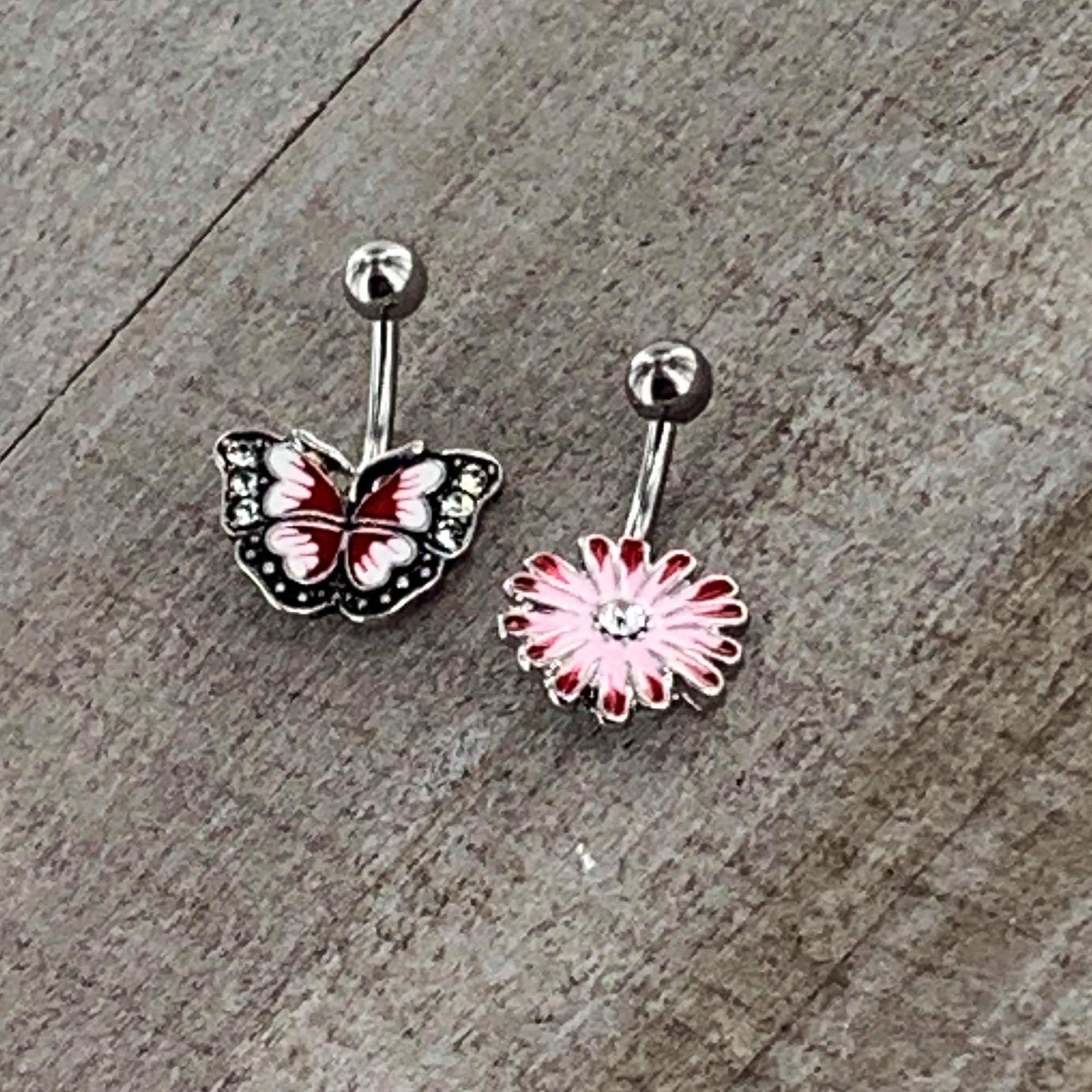 BodyCandy Clear Gem Red Light Pink Butterfly Flower Belly Ring Set of 2 — size reference