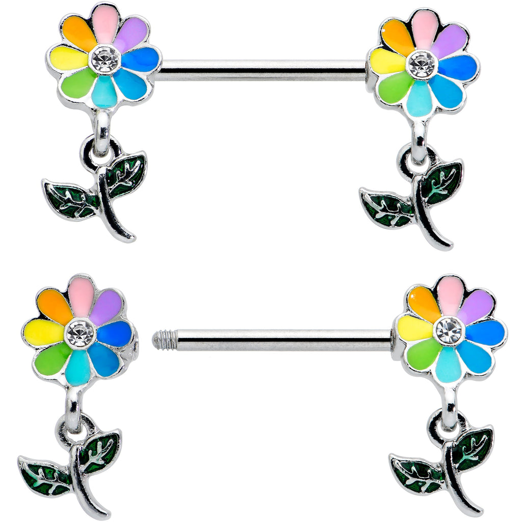 BodyCandy 14G 9/16 Clear Gem Pride Rainbow Flower Dangle Nipple Ring Set — detail close-up