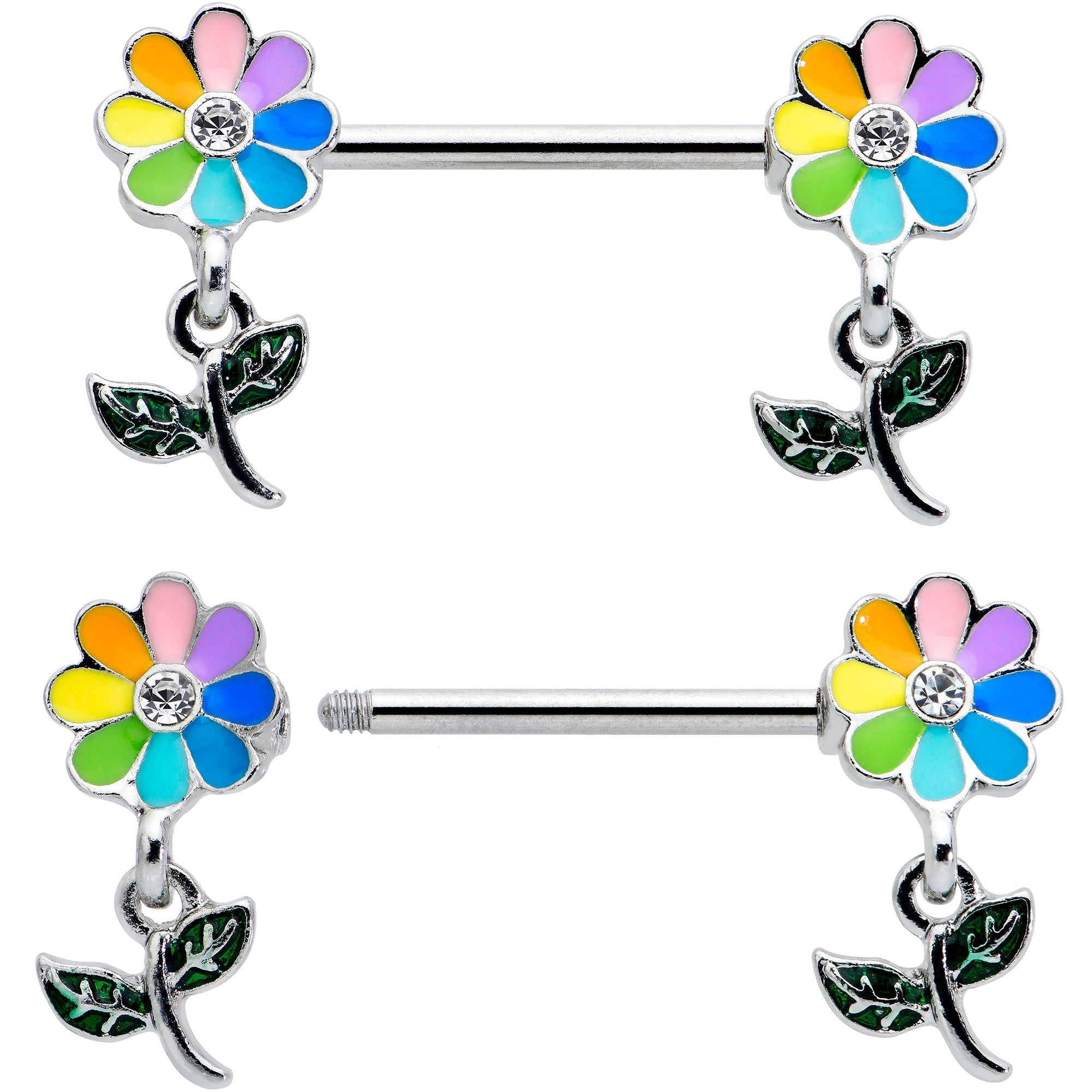 BodyCandy 14G 9/16 Clear Gem Pride Rainbow Flower Dangle Nipple Ring Set — detail close-up