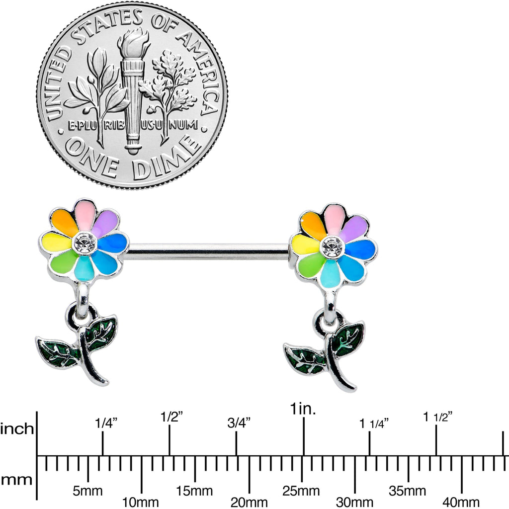BodyCandy 14G 9/16 Clear Gem Pride Rainbow Flower Dangle Nipple Ring Set — lifestyle context