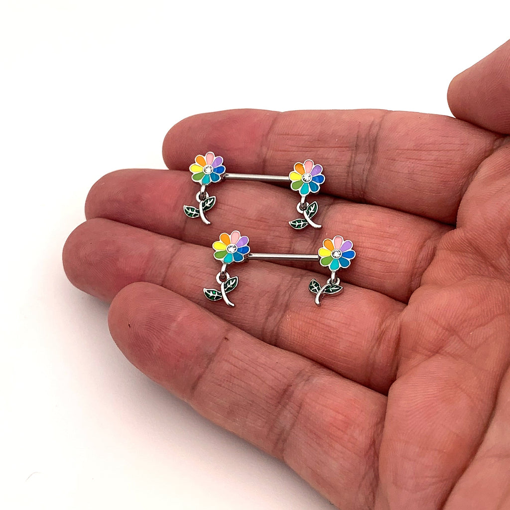 BodyCandy 14G 9/16 Clear Gem Pride Rainbow Flower Dangle Nipple Ring Set — side view
