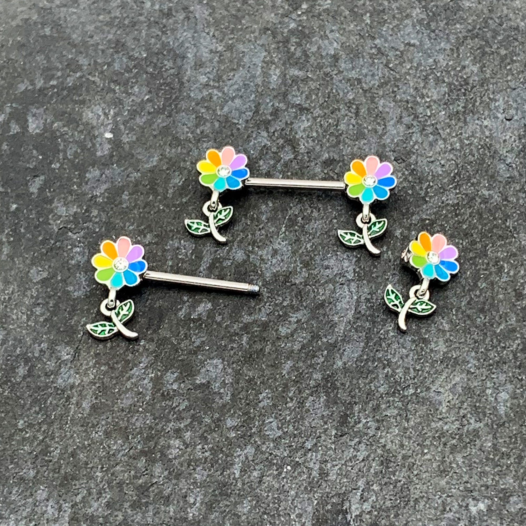 BodyCandy 14G 9/16 Clear Gem Pride Rainbow Flower Dangle Nipple Ring Set — back view