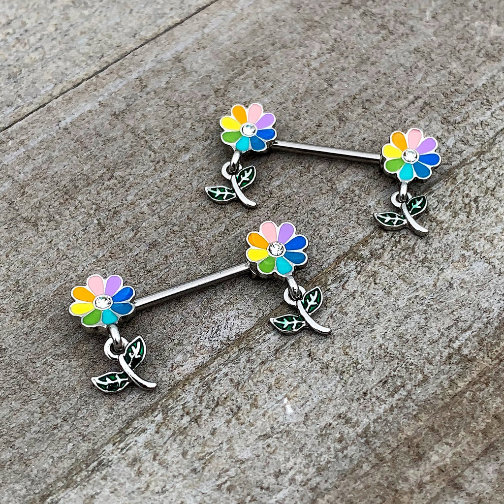 BodyCandy 14G 9/16 Clear Gem Pride Rainbow Flower Dangle Nipple Ring Set — alternative angle