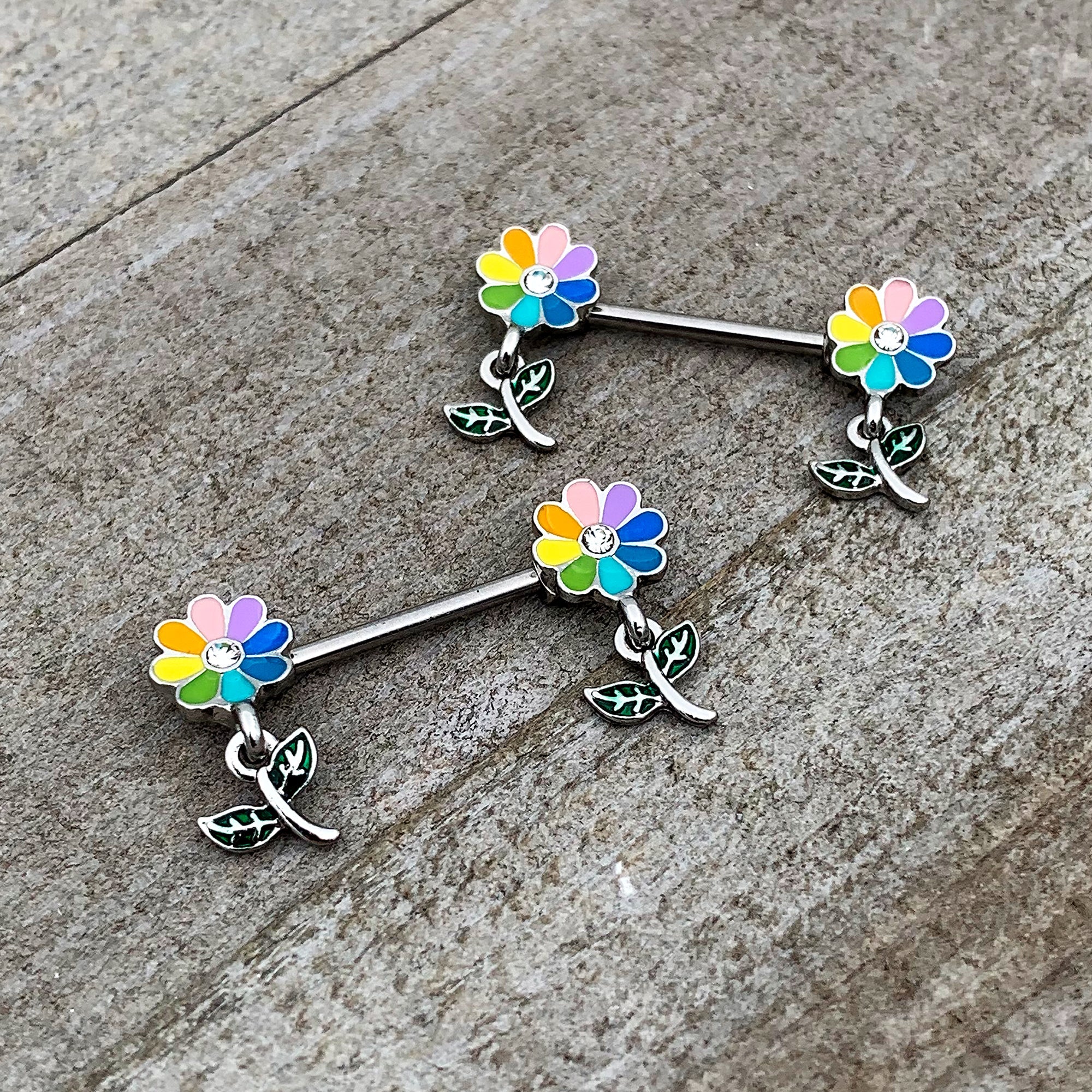 BodyCandy 14G 9/16 Clear Gem Pride Rainbow Flower Dangle Nipple Ring Set — alternative angle