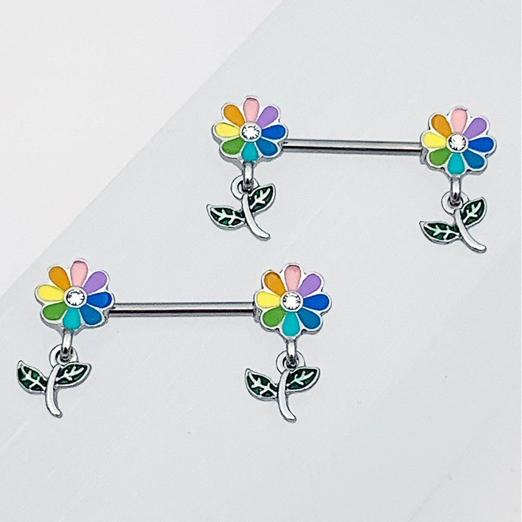 BodyCandy 14G 9/16 Clear Gem Pride Rainbow Flower Dangle Nipple Ring Set — size reference