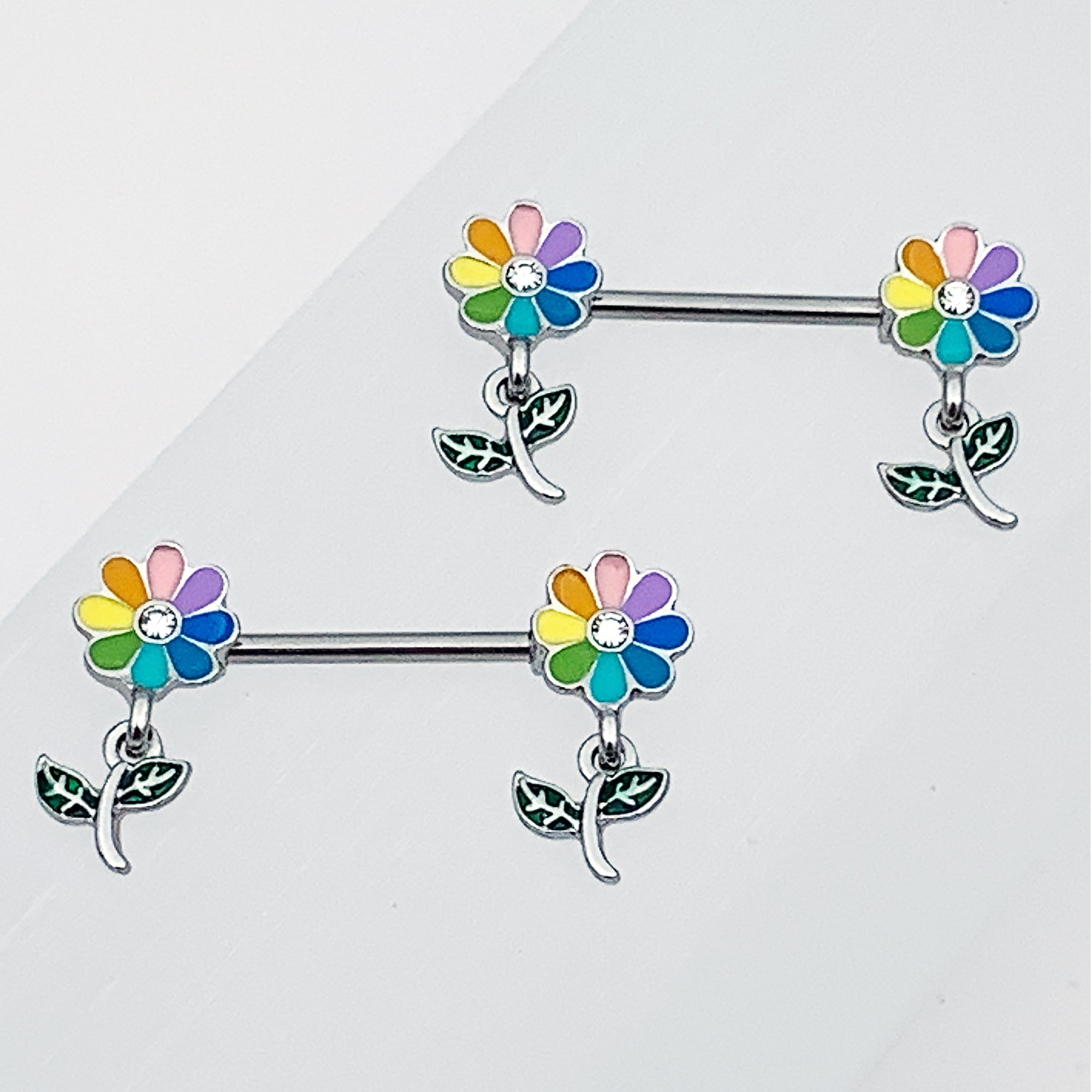 BodyCandy 14G 9/16 Clear Gem Pride Rainbow Flower Dangle Nipple Ring Set — size reference