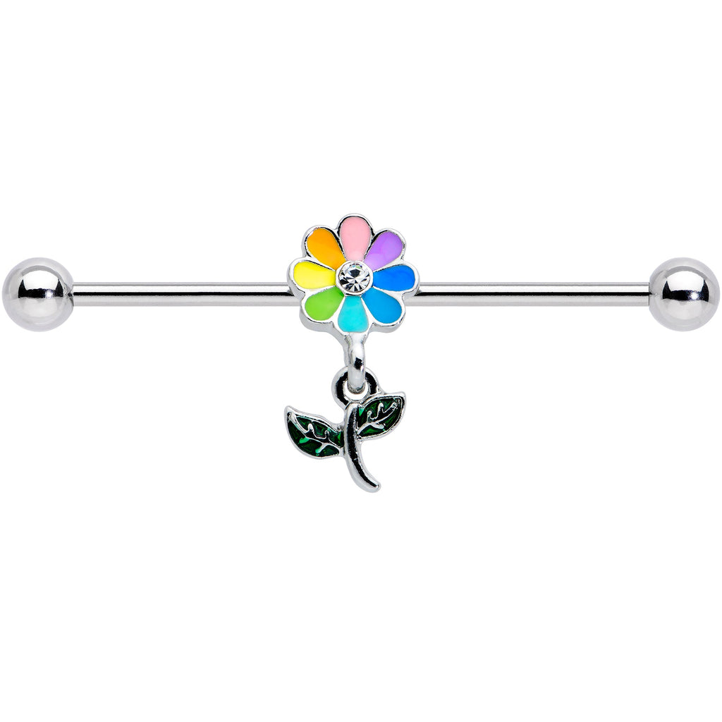 BodyCandy 14G Clear Gem Pride Rainbow Flower Dangle Industrial Barbell 38mm — detail close-up