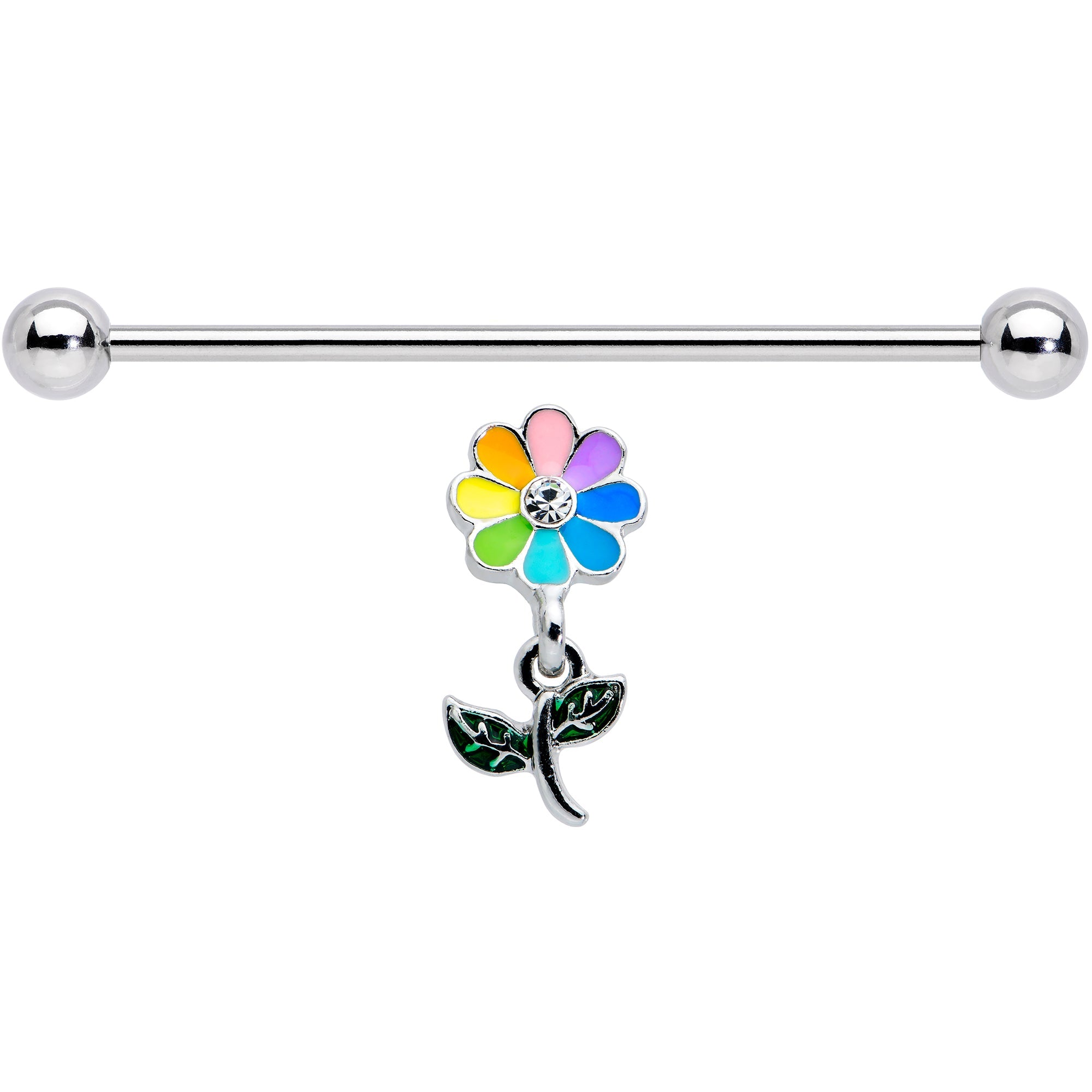 BodyCandy 14G Clear Gem Pride Rainbow Flower Dangle Industrial Barbell 38mm — lifestyle context