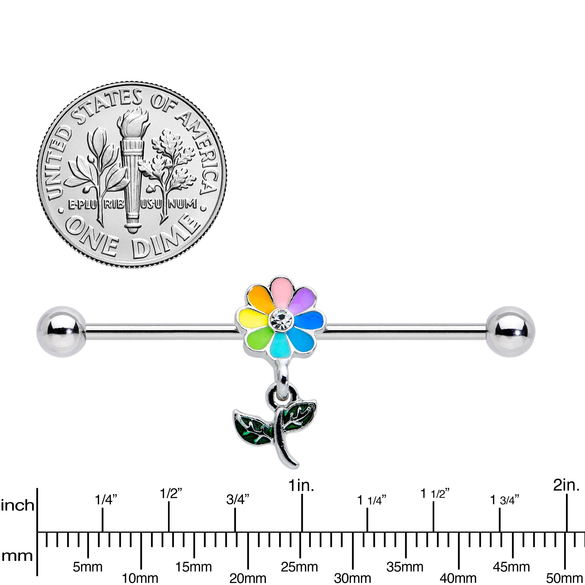 BodyCandy 14G Clear Gem Pride Rainbow Flower Dangle Industrial Barbell 38mm — side view