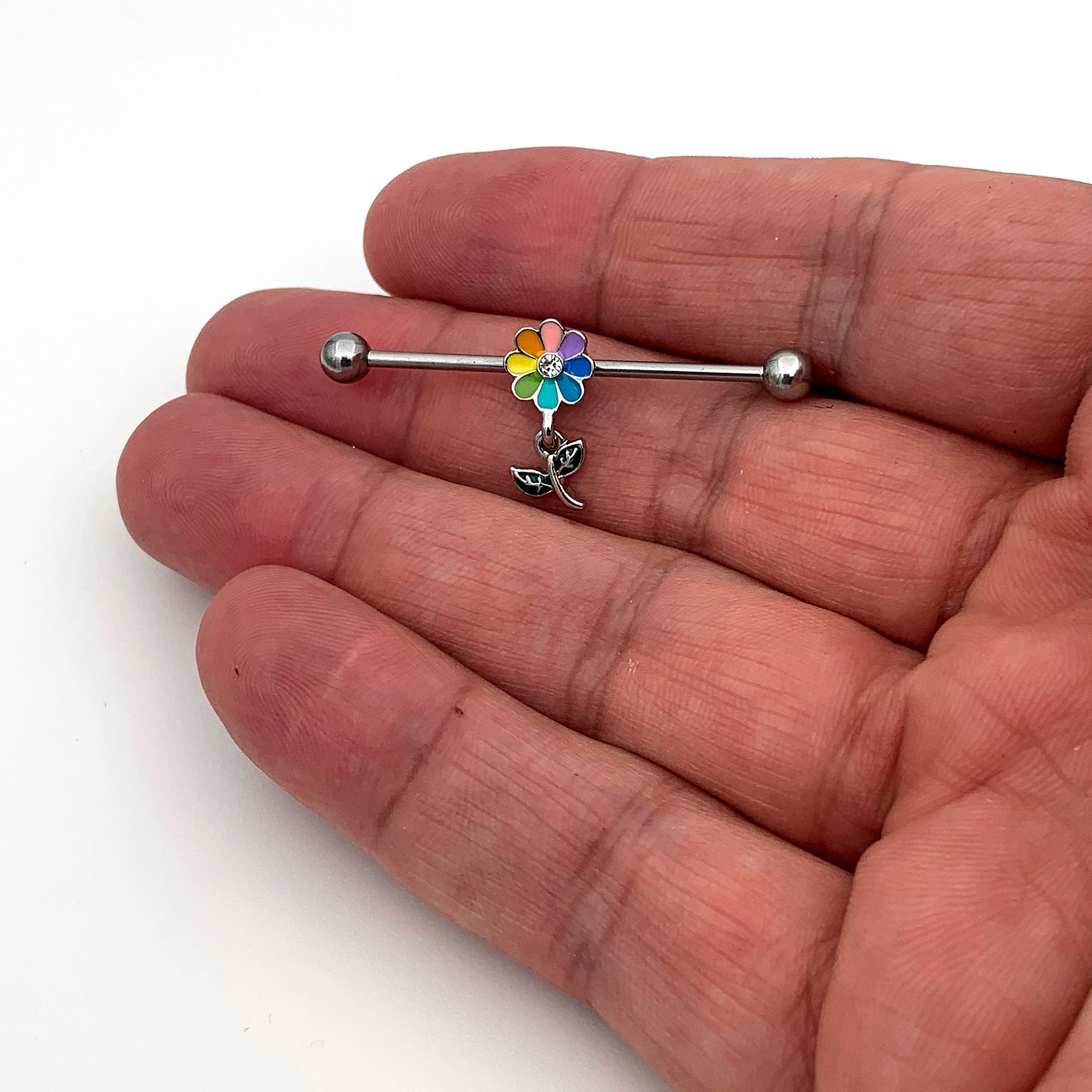BodyCandy 14G Clear Gem Pride Rainbow Flower Dangle Industrial Barbell 38mm — back view