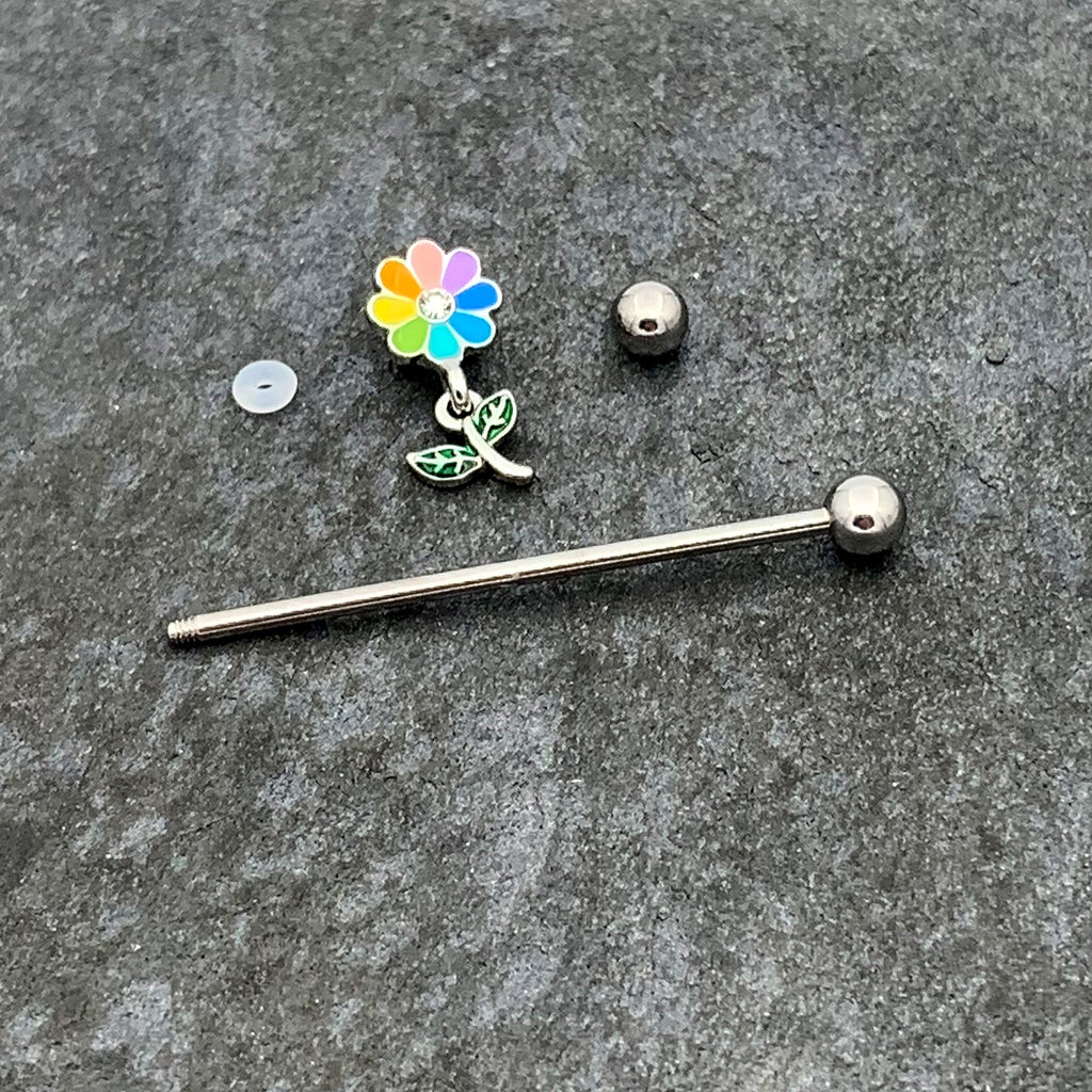 BodyCandy 14G Clear Gem Pride Rainbow Flower Dangle Industrial Barbell 38mm — alternative angle