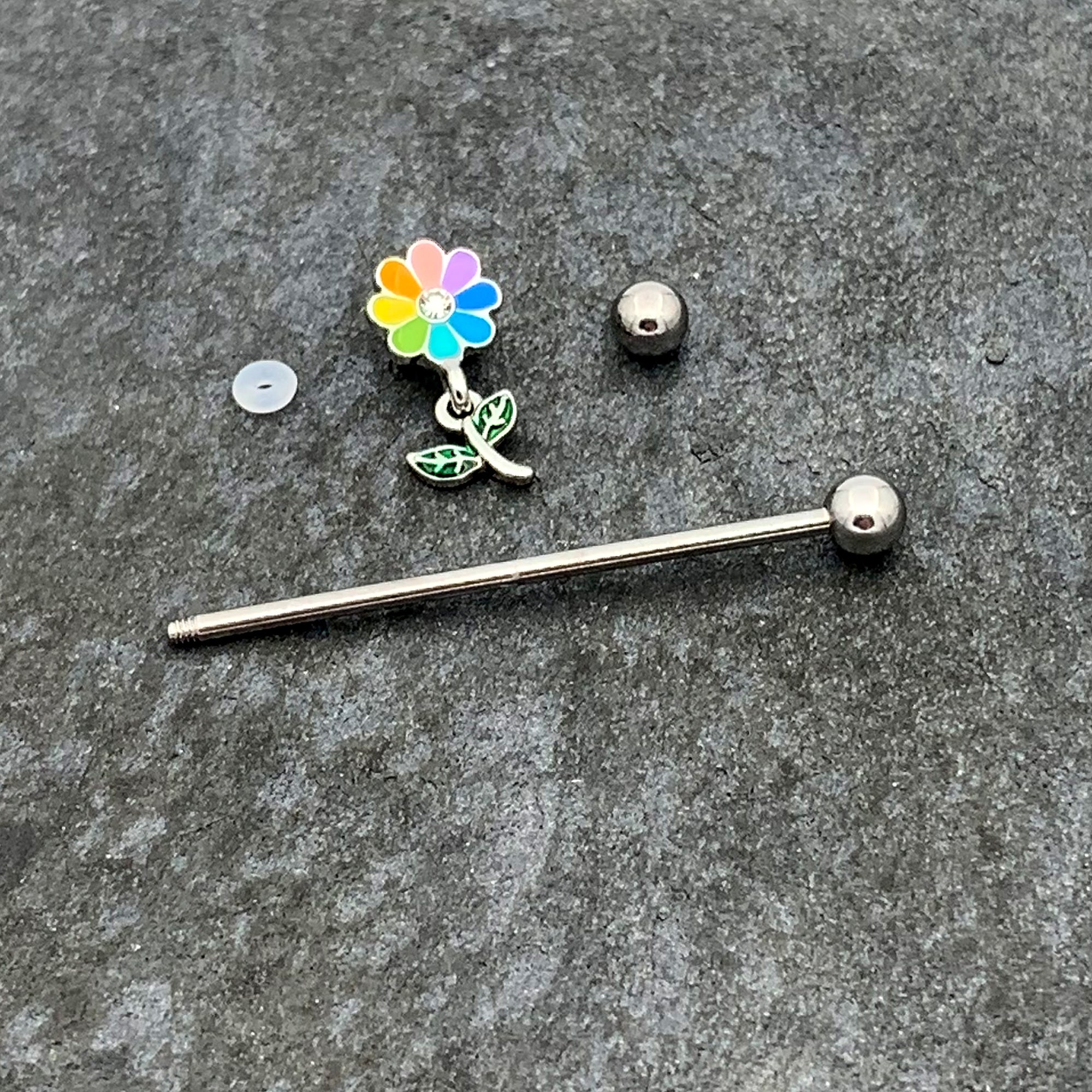 BodyCandy 14G Clear Gem Pride Rainbow Flower Dangle Industrial Barbell 38mm — alternative angle