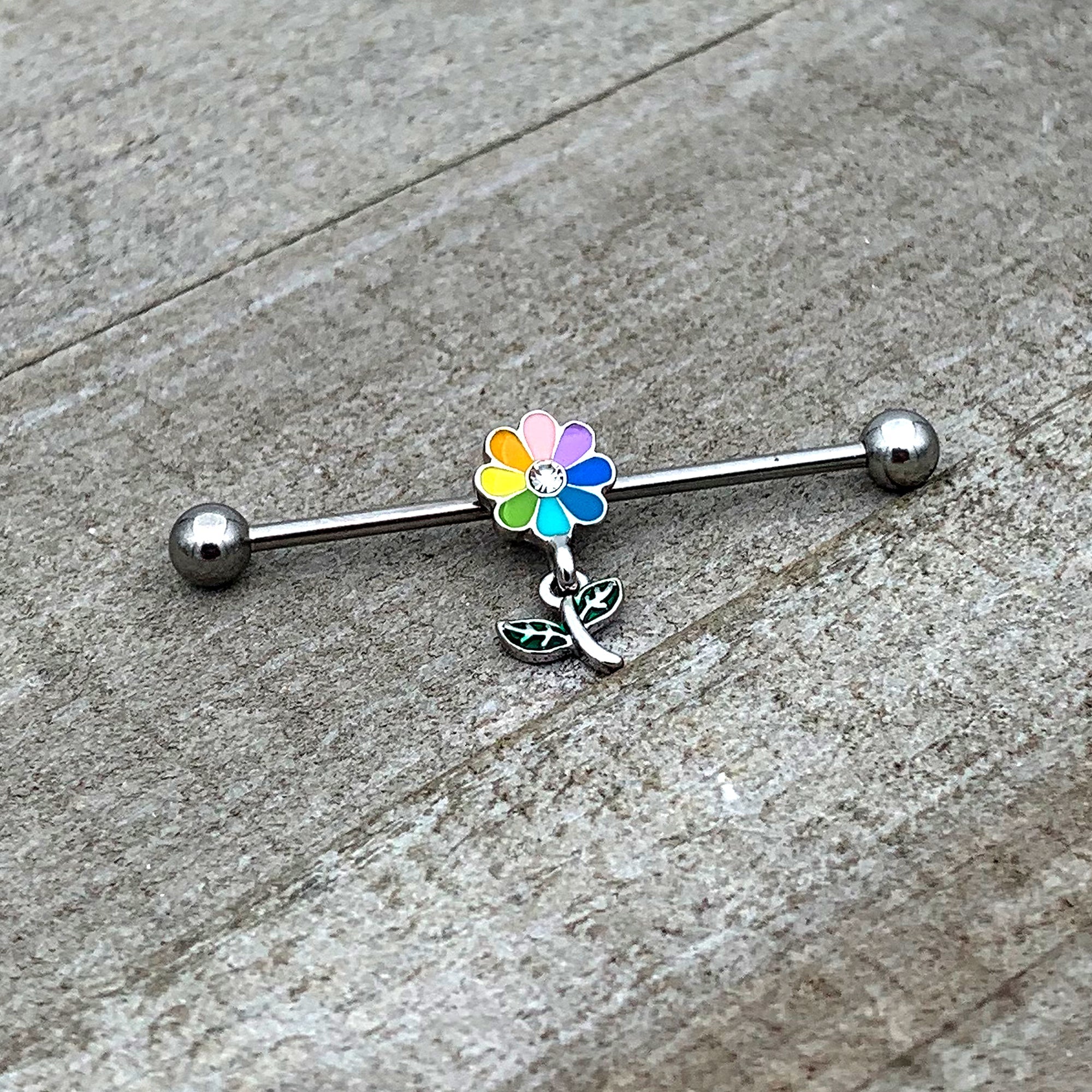 BodyCandy 14G Clear Gem Pride Rainbow Flower Dangle Industrial Barbell 38mm — size reference