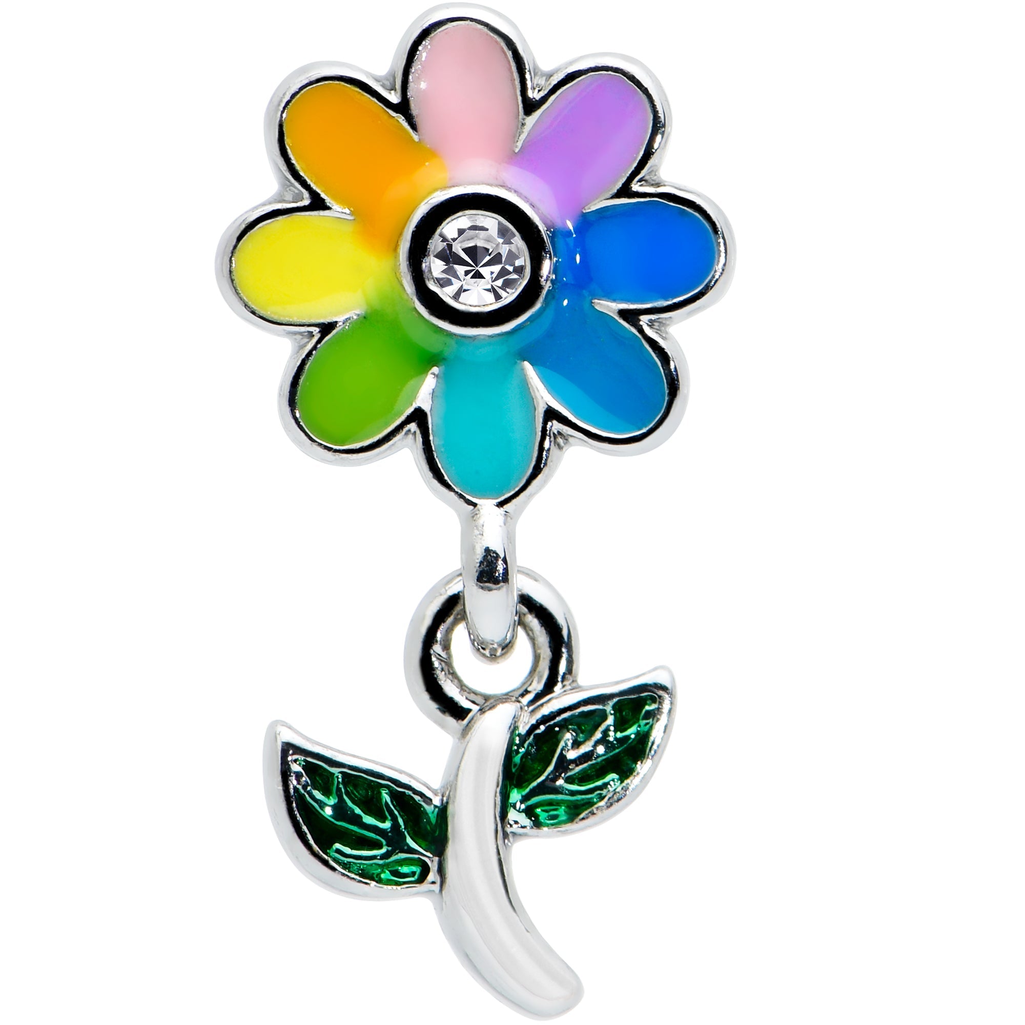 BodyCandy 16G 1/4 Clear Gem Pride Rainbow Flower Dangle Cartilage Tragus — detail close-up