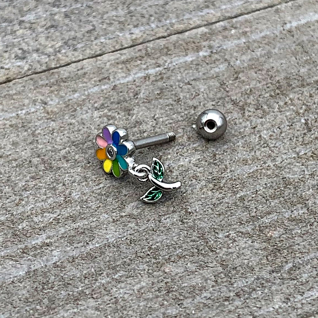 BodyCandy 16G 1/4 Clear Gem Pride Rainbow Flower Dangle Cartilage Tragus — back view