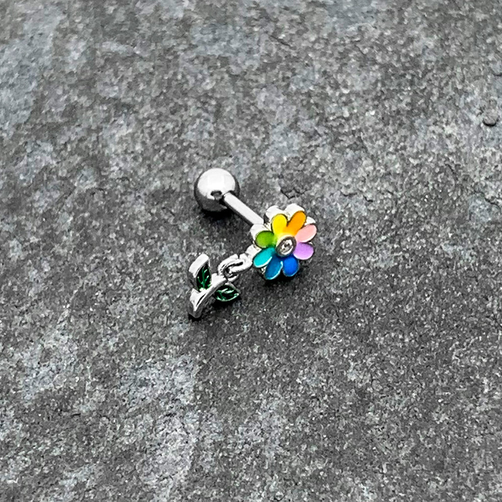 BodyCandy 16G 1/4 Clear Gem Pride Rainbow Flower Dangle Cartilage Tragus — alternative angle