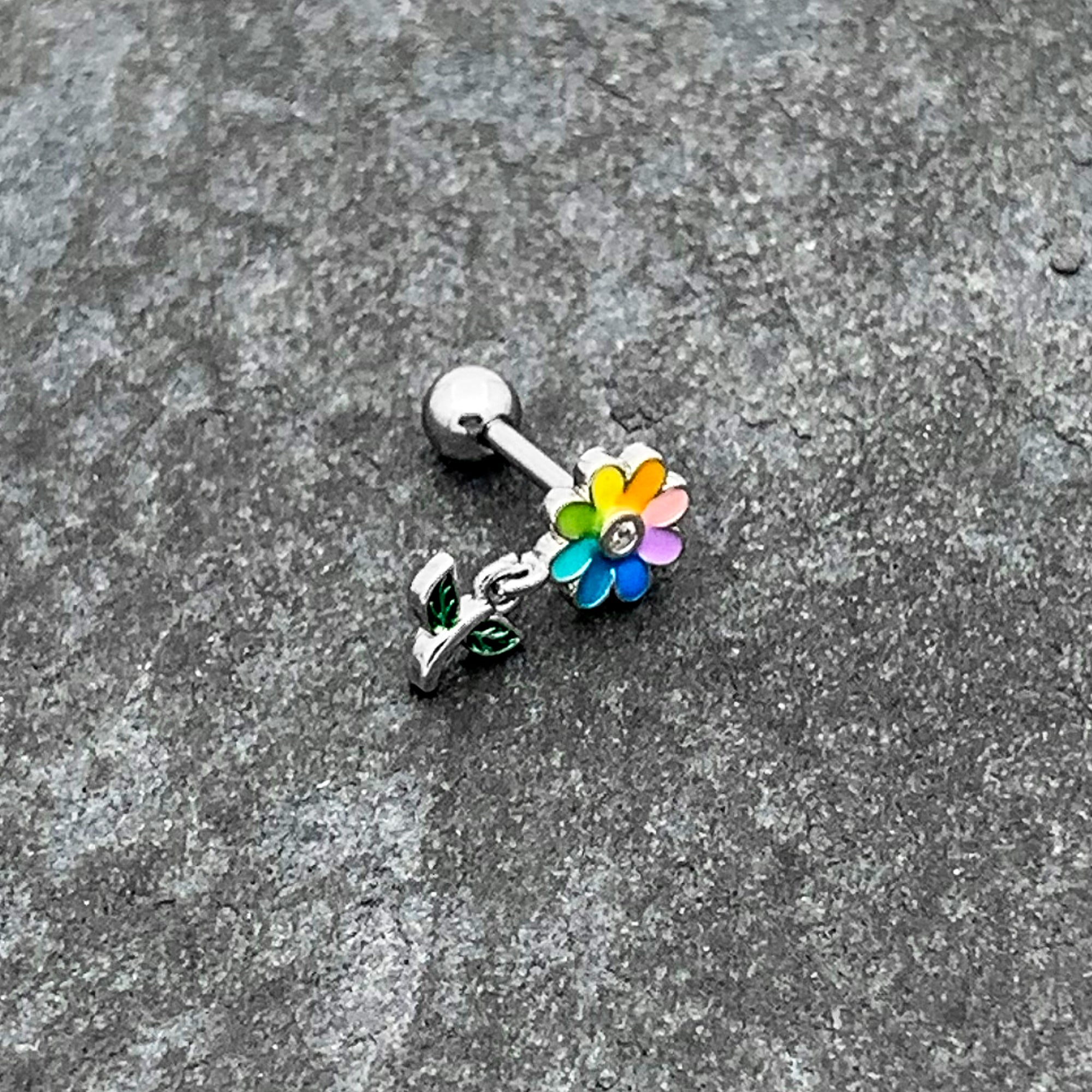 BodyCandy 16G 1/4 Clear Gem Pride Rainbow Flower Dangle Cartilage Tragus — alternative angle