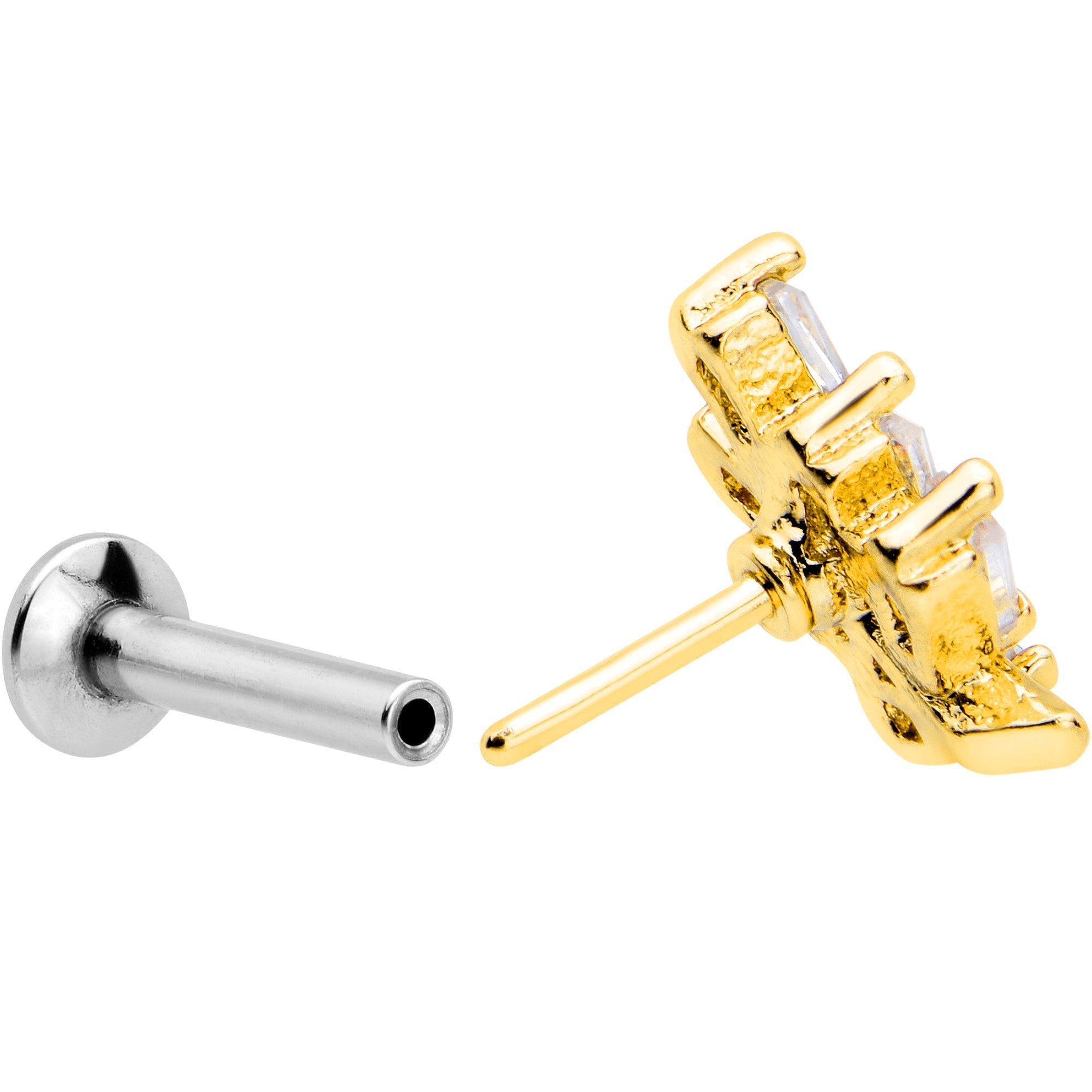 BodyCandy 16G 1/4 Clear CZ Gem Leafy Golden Branch Threadless Labret Tragus — side view