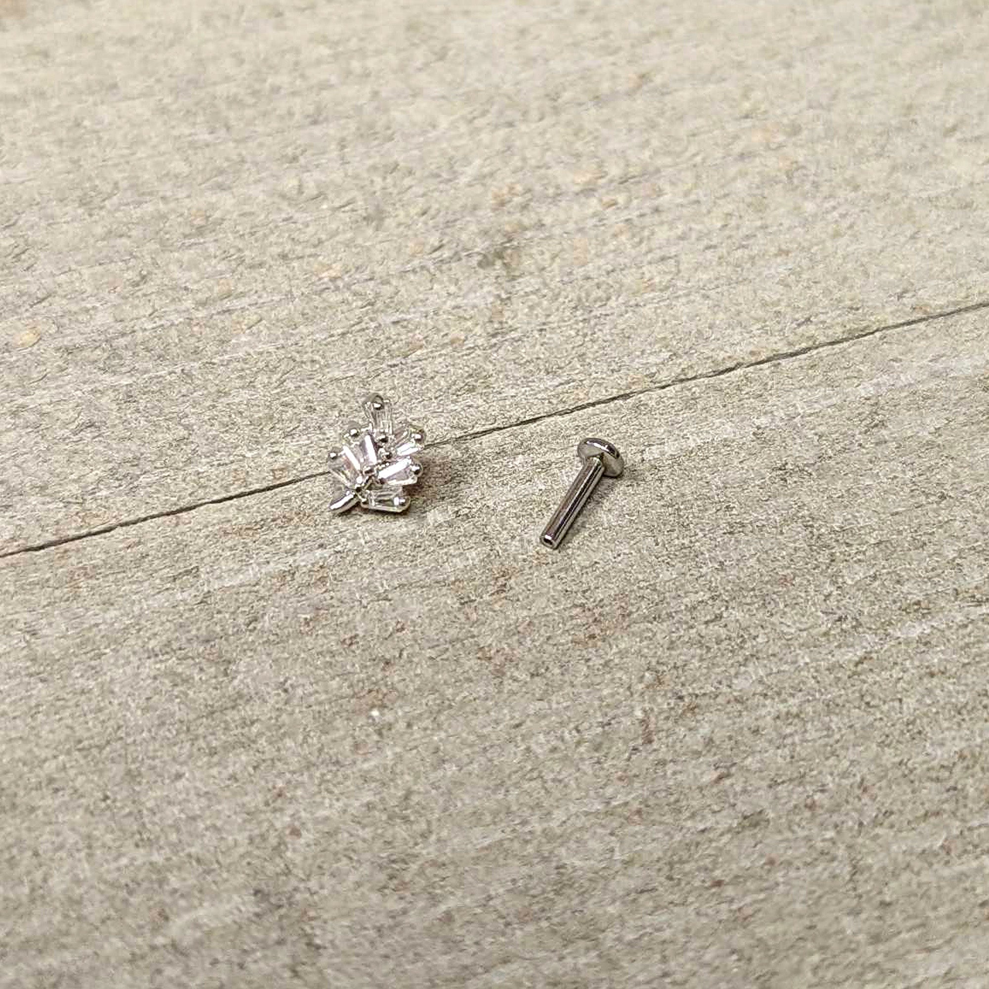BodyCandy 16G 1/4 Clear CZ Gem Leafy Branch Threadless Labret Tragus — in-use photo