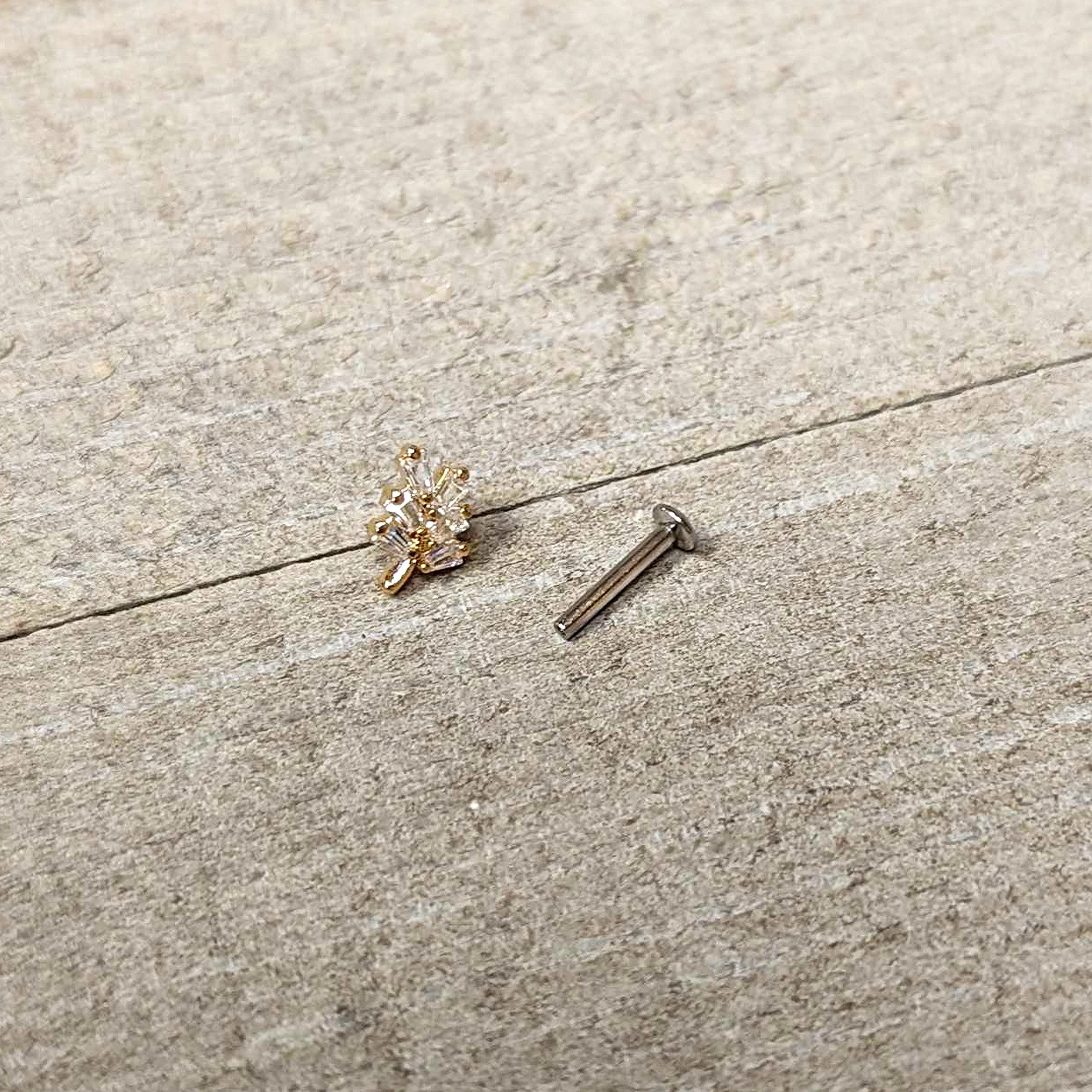 BodyCandy 16G 5/16 Clear CZ Gem Leafy Golden Branch Threadless Labret Tragus — in-use photo