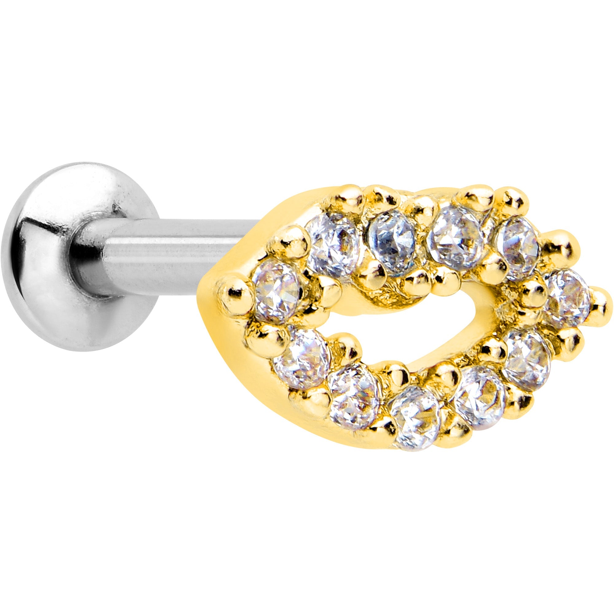 BodyCandy 16G 1/4 Clear CZ Gem Kissy Lips Golden Threadless Labret Tragus — main product shot