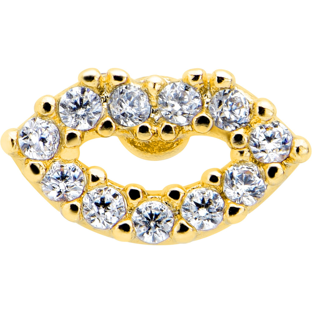 BodyCandy 16G 5/16 Clear CZ Gem Kissy Lips Golden Threadless Labret Tragus — detail close-up