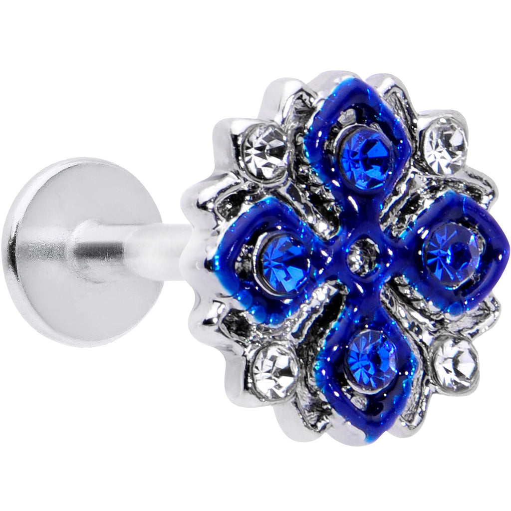 BodyCandy 16G 5/16 Blue Clear Gem Embellished Cross Labret Monroe Tragus — main product shot
