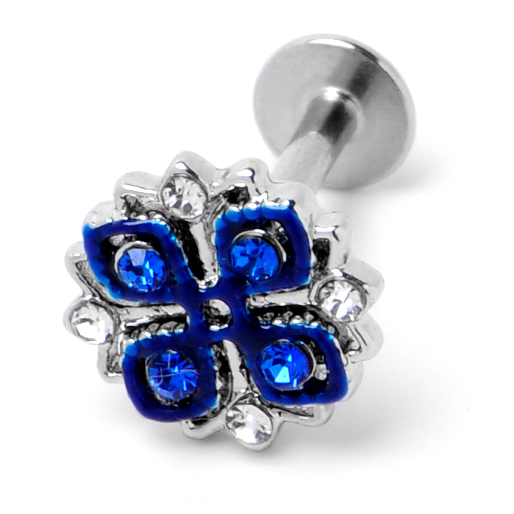 BodyCandy 16G 5/16 Blue Clear Gem Embellished Cross Labret Monroe Tragus — back view