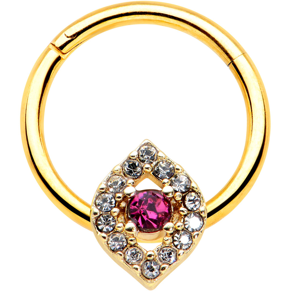 BodyCandy 16G 3/8 Clear Pink Gem Gold Tone Open Eye Hinged Segment Ring — main product shot
