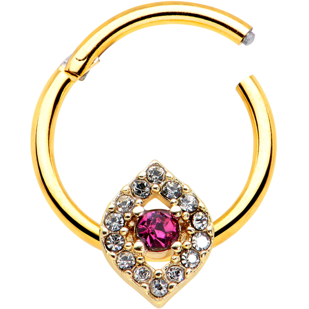BodyCandy 16G 3/8 Clear Pink Gem Gold Tone Open Eye Hinged Segment Ring — detail close-up