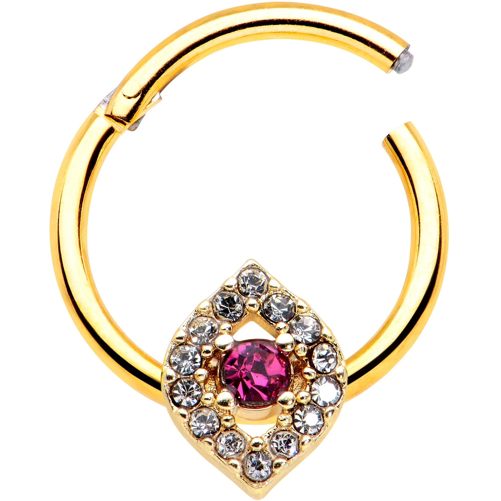 BodyCandy 16G 3/8 Clear Pink Gem Gold Tone Open Eye Hinged Segment Ring — detail close-up