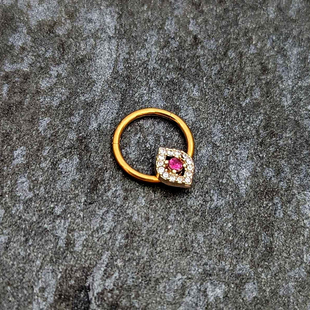 BodyCandy 16G 3/8 Clear Pink Gem Gold Tone Open Eye Hinged Segment Ring — side view