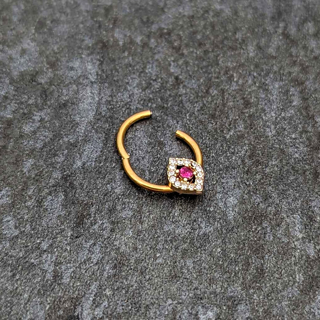 BodyCandy 16G 3/8 Clear Pink Gem Gold Tone Open Eye Hinged Segment Ring — back view