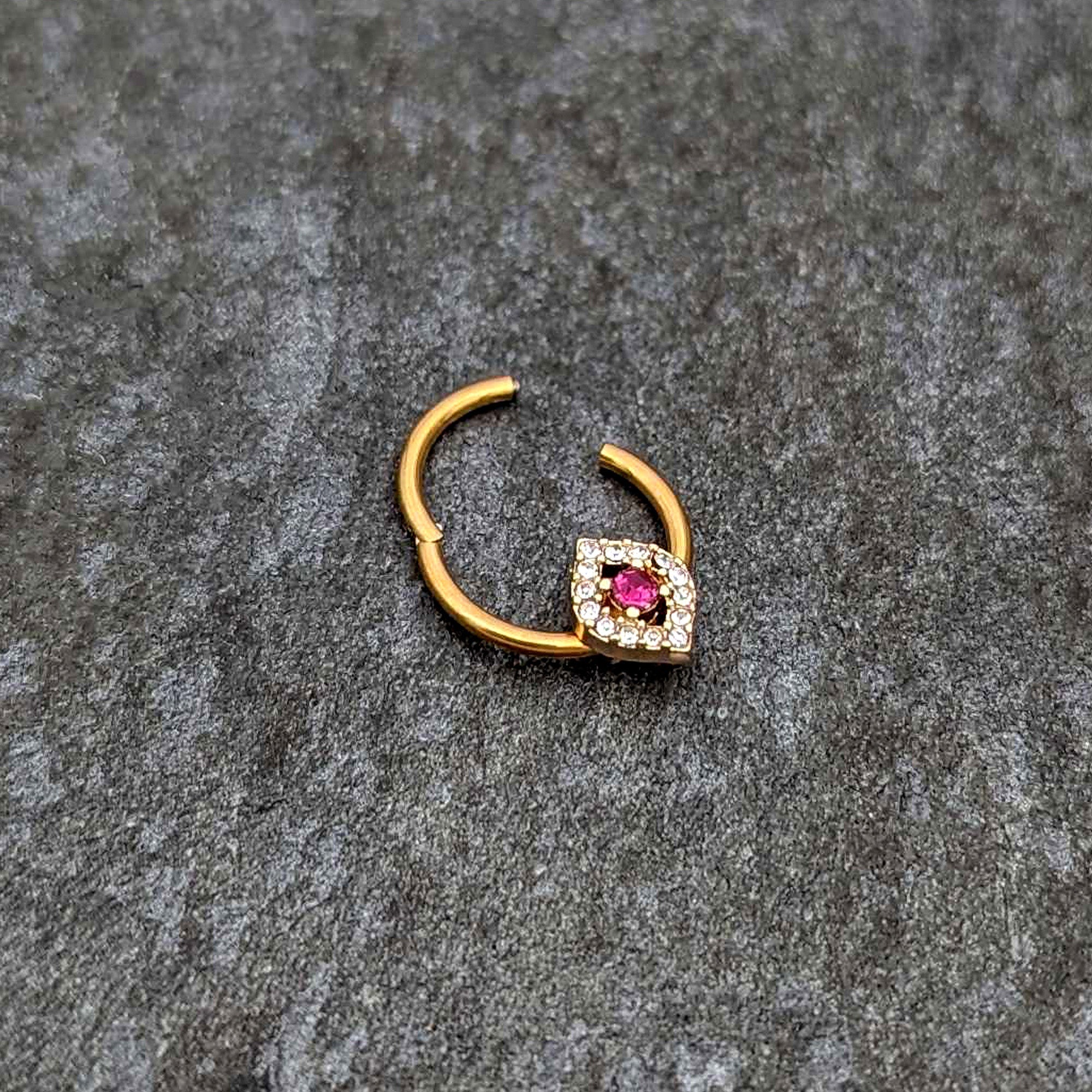BodyCandy 16G 3/8 Clear Pink Gem Gold Tone Open Eye Hinged Segment Ring — back view