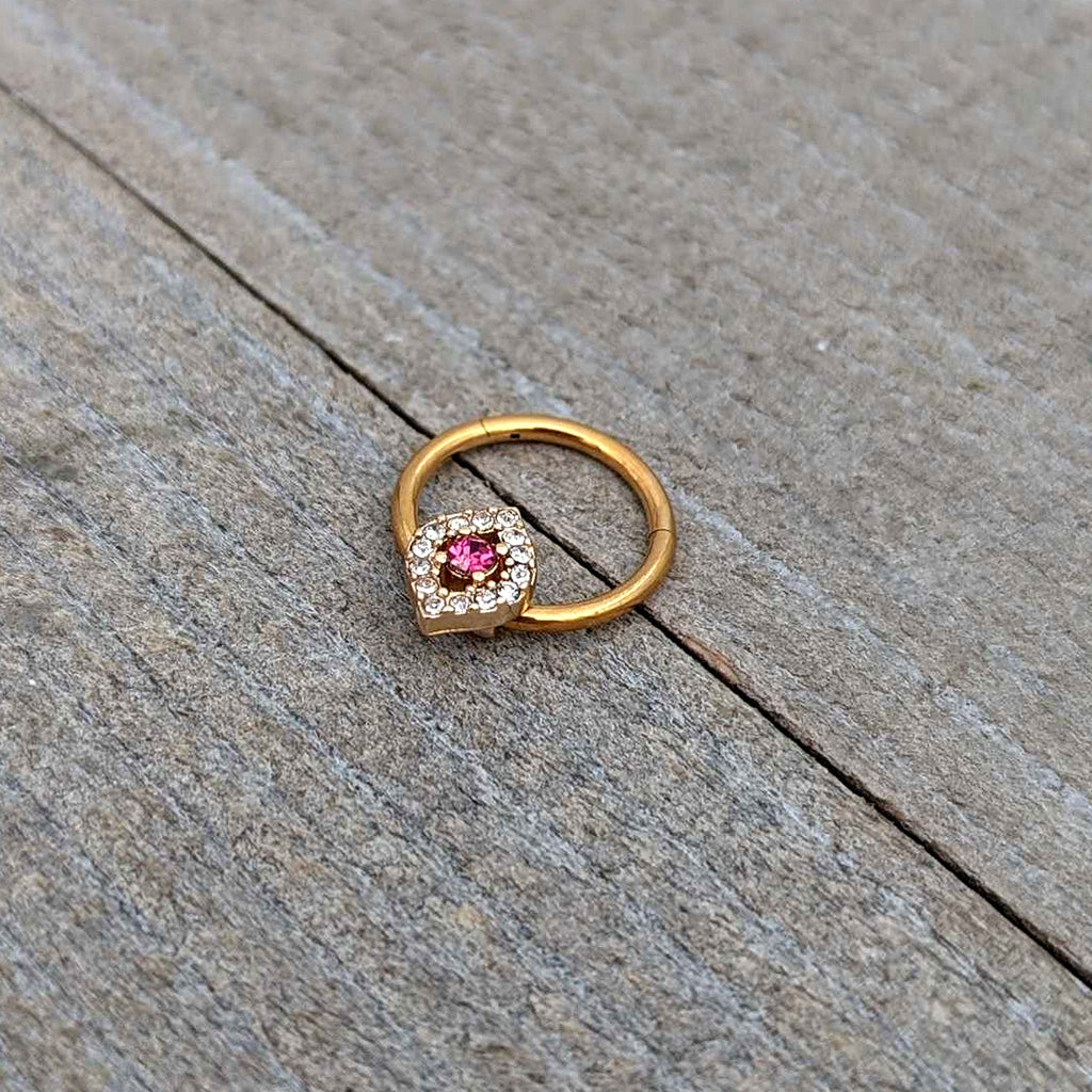 BodyCandy 16G 3/8 Clear Pink Gem Gold Tone Open Eye Hinged Segment Ring — alternative angle