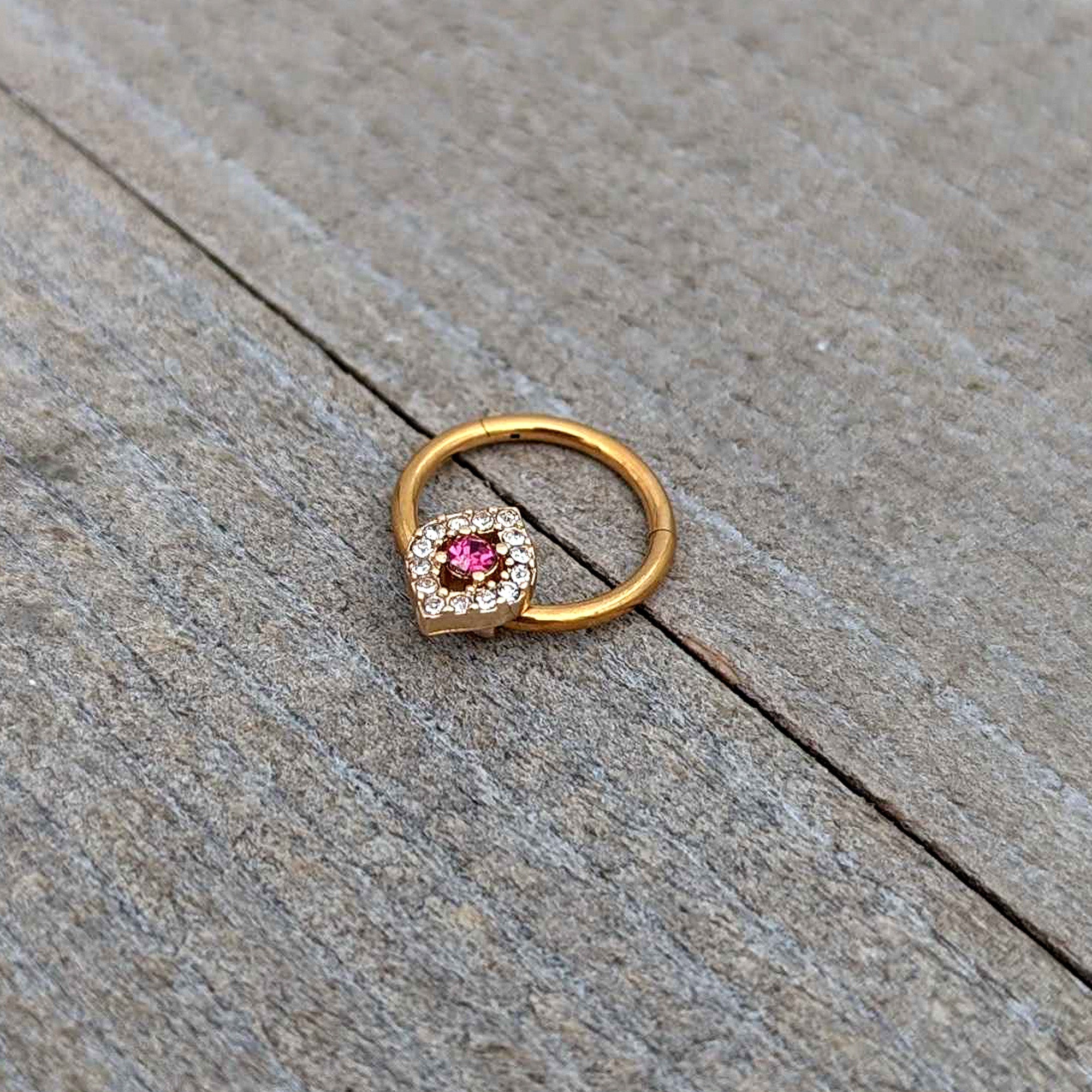 BodyCandy 16G 3/8 Clear Pink Gem Gold Tone Open Eye Hinged Segment Ring — alternative angle